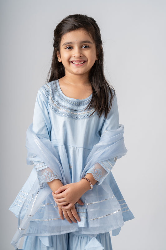 Girls Ambar Kurti and Sharara ethnic set with Dupatta - Ice Blue