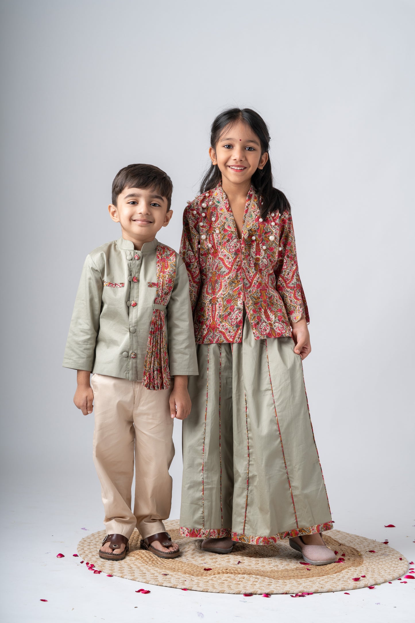 Girls Gulzaar Embellished Jacket with Kalidar Sharara Pants - Sage green