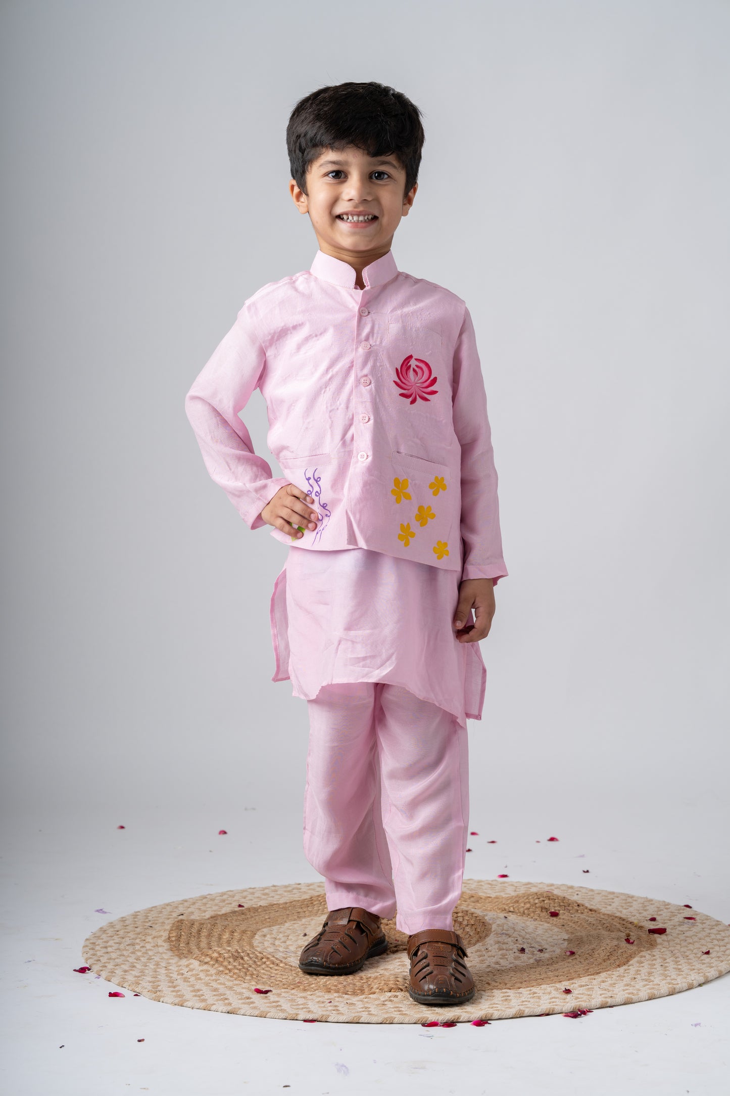 Boys Silk Handpainted Kurta Pant & Jacket 3 piece ethnic clothing set - Rosé Affair