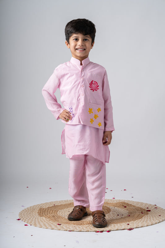 Boys Silk Handpainted Kurta Pant & Jacket 3 piece ethnic clothing set - Rosé Affair