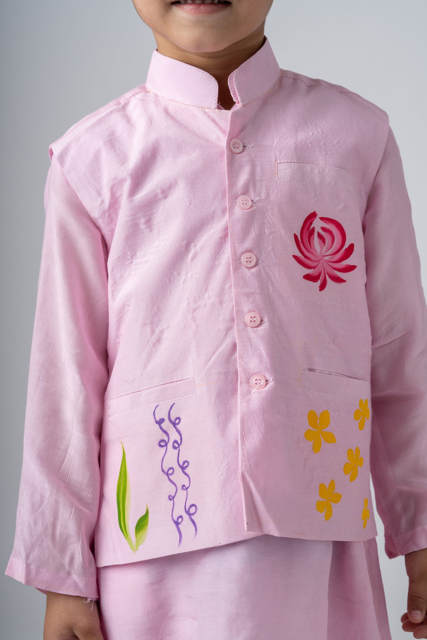Boys Silk Handpainted Kurta Pant & Jacket 3 piece ethnic clothing set - Rosé Affair