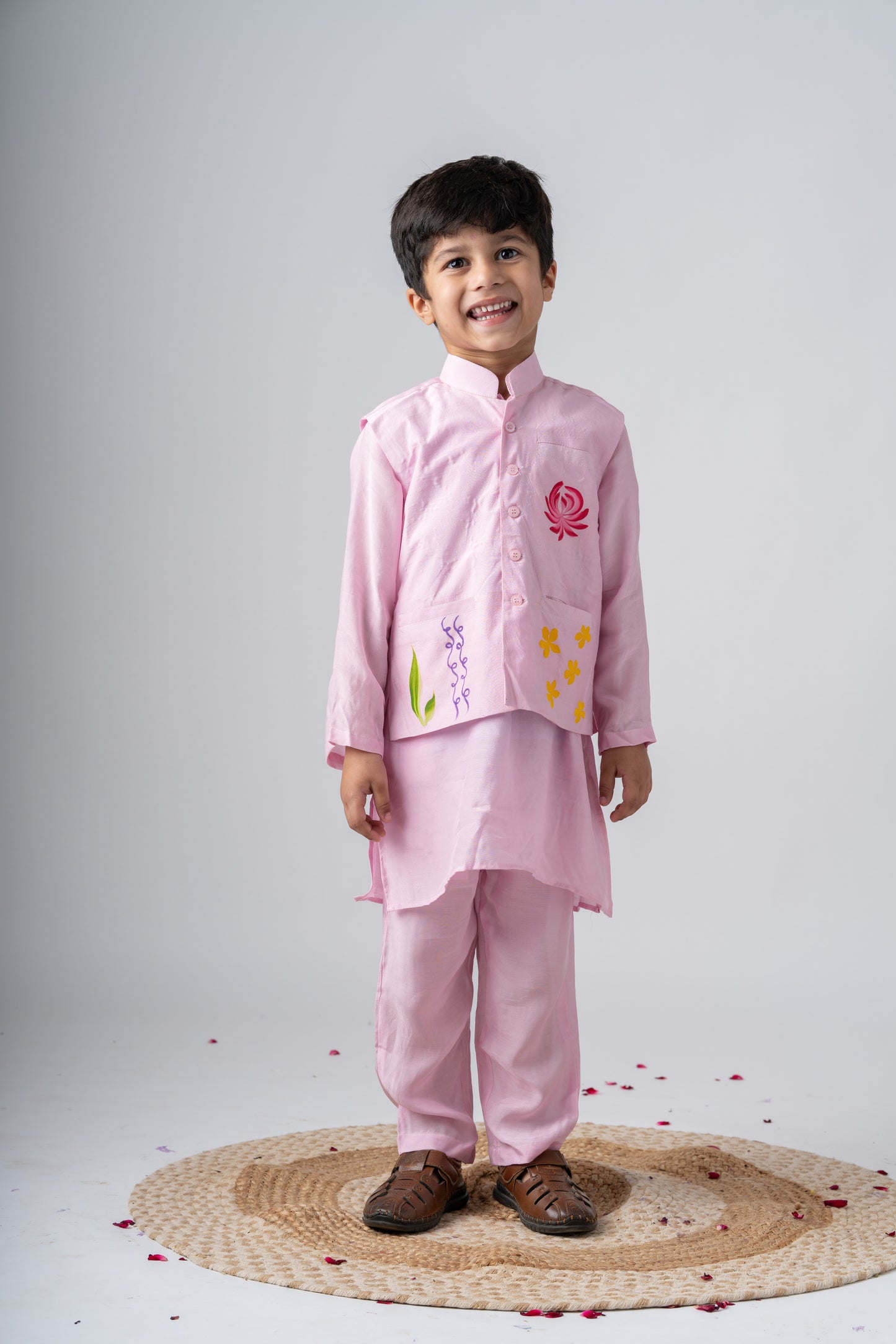Boys Silk Handpainted Kurta Pant & Jacket 3 piece ethnic clothing set - Rosé Affair