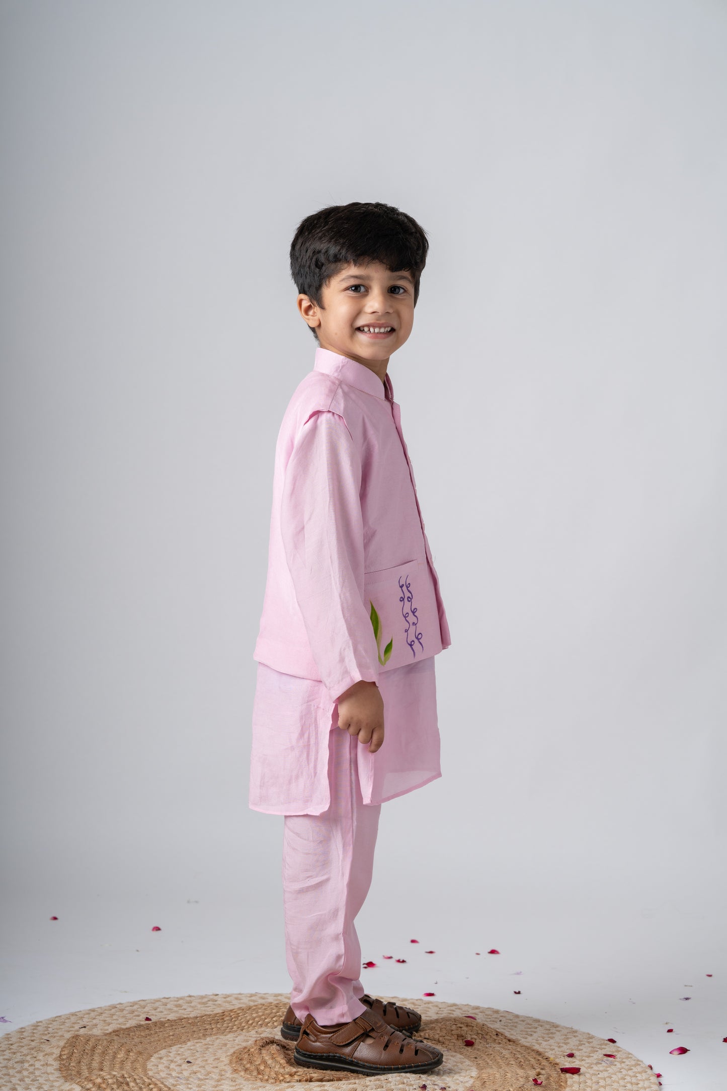 Boys Silk Handpainted Kurta Pant & Jacket 3 piece ethnic clothing set - Rosé Affair