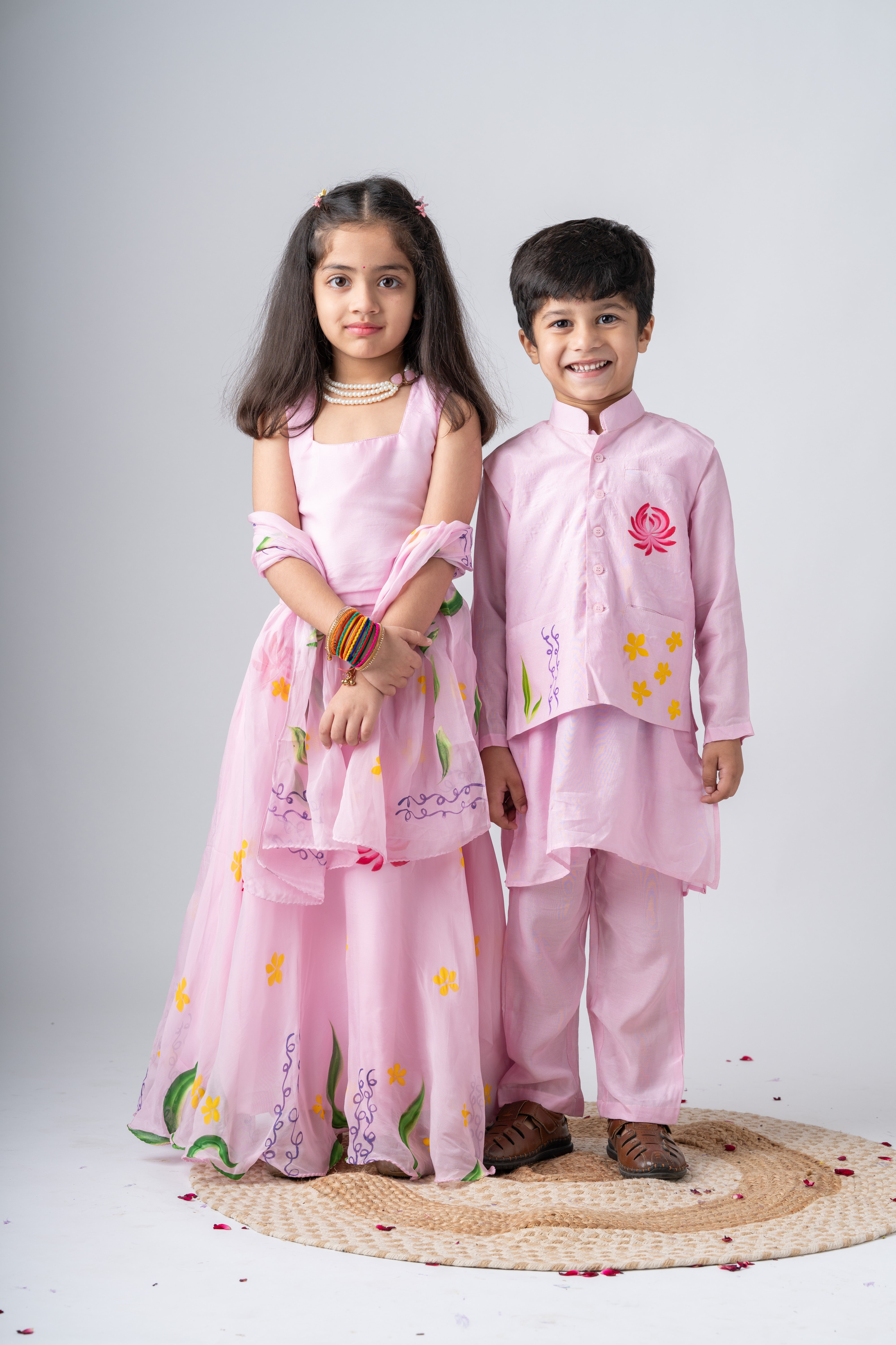 Girls Pure Organza Handpainted Lehenga Choli Set with Dupatta - Rosé Affair
