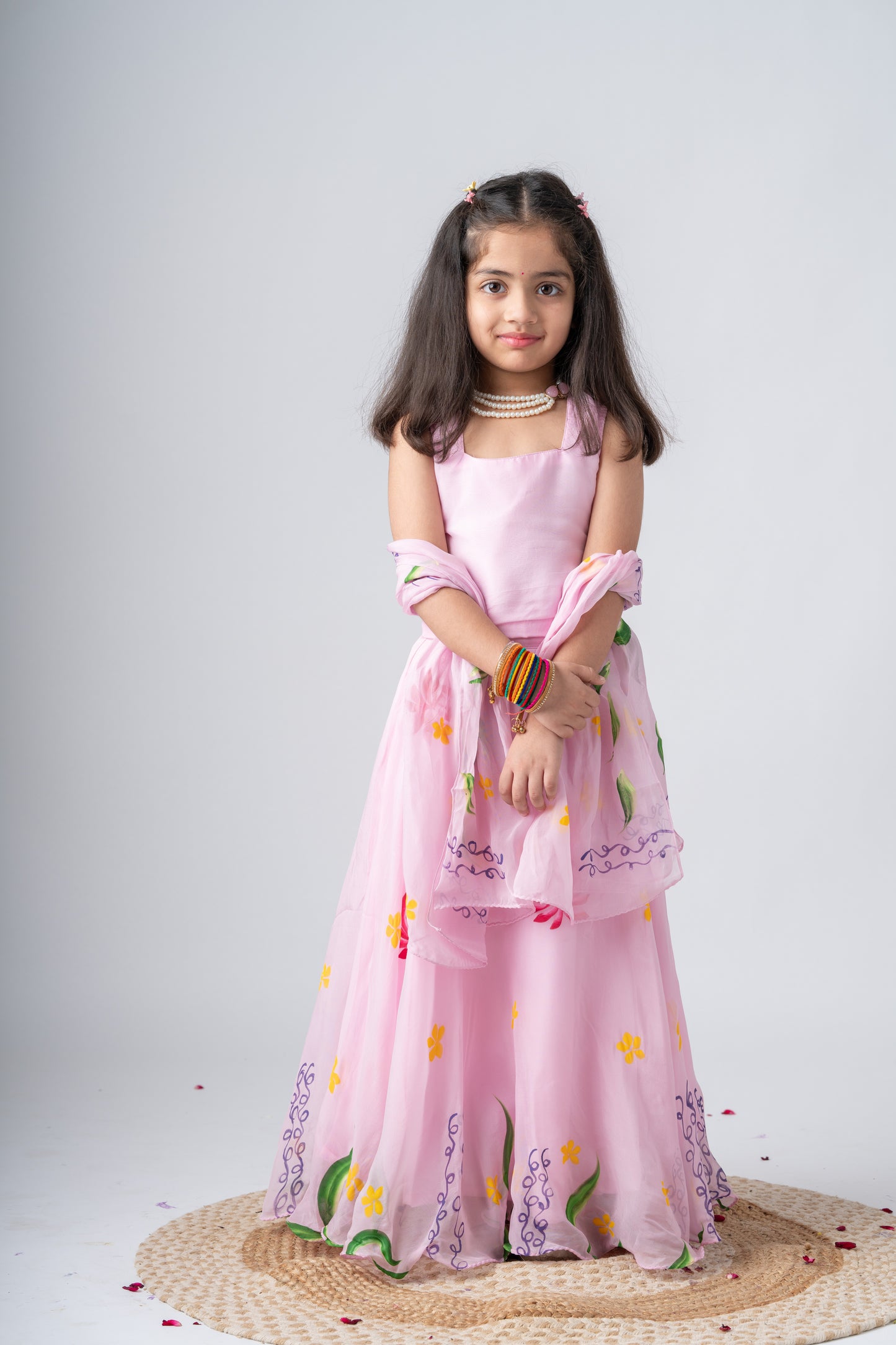 Girls Pure Organza Handpainted Lehenga Choli Set with Dupatta - Rosé Affair