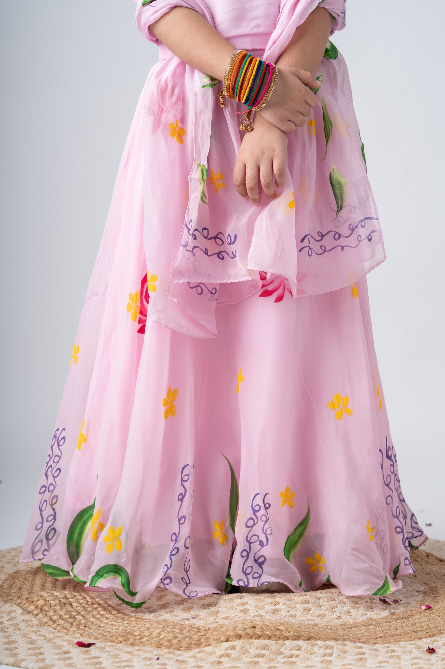Girls Pure Organza Handpainted Lehenga Choli Set with Dupatta - Rosé Affair