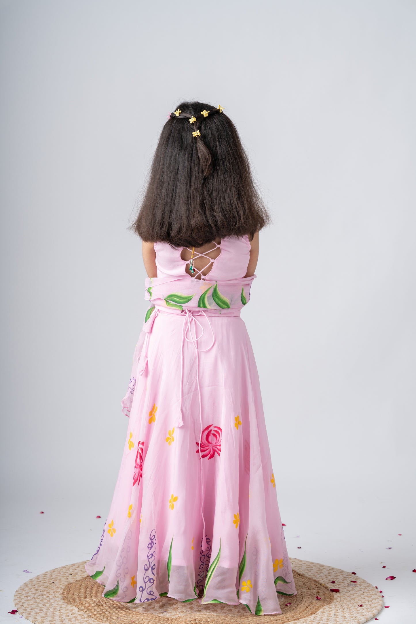 Girls Pure Organza Handpainted Lehenga Choli Set with Dupatta - Rosé Affair