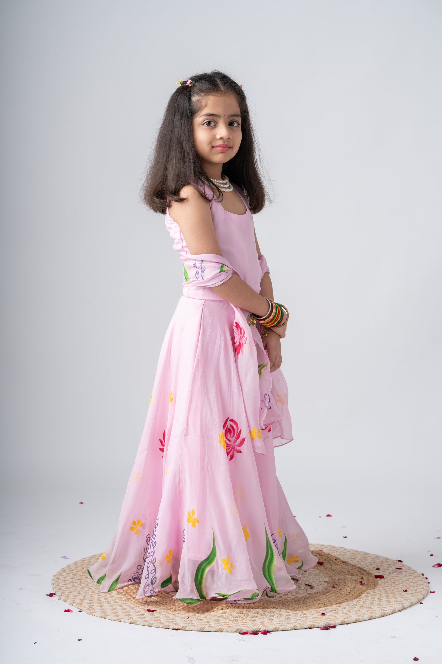 Girls Pure Organza Handpainted Lehenga Choli Set with Dupatta - Rosé Affair