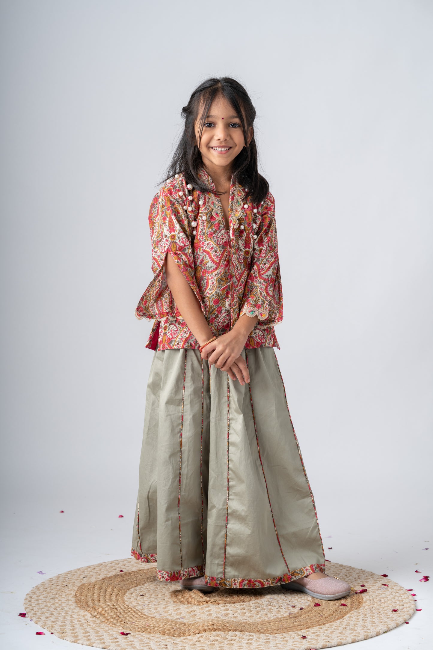 Girls Gulzaar Embellished Jacket with Kalidar Sharara Pants - Sage green