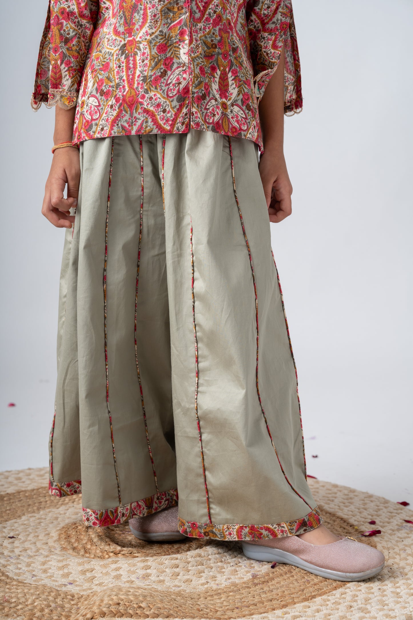 Girls Gulzaar Embellished Jacket with Kalidar Sharara Pants - Sage green