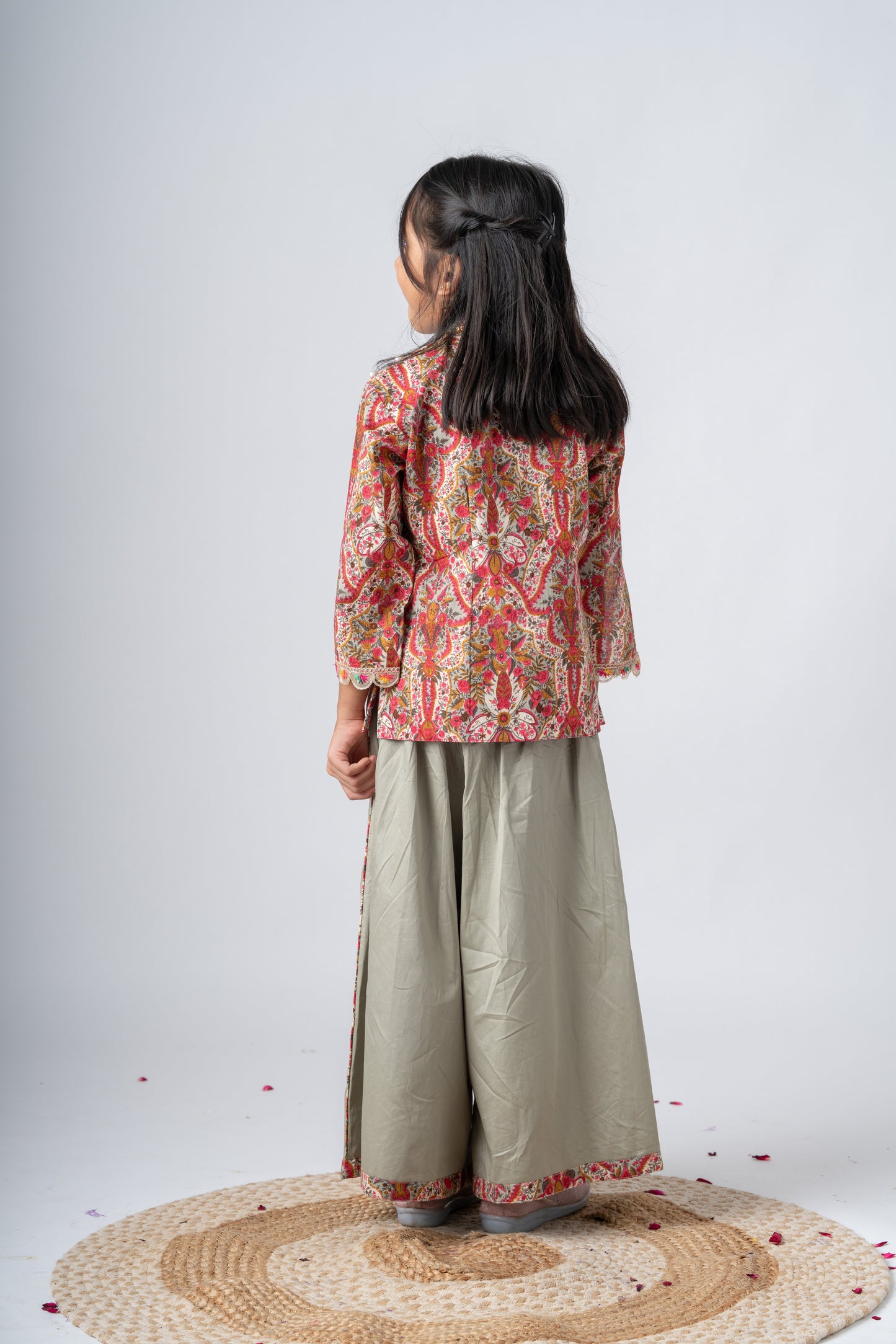 Girls Gulzaar Embellished Jacket with Kalidar Sharara Pants - Sage green