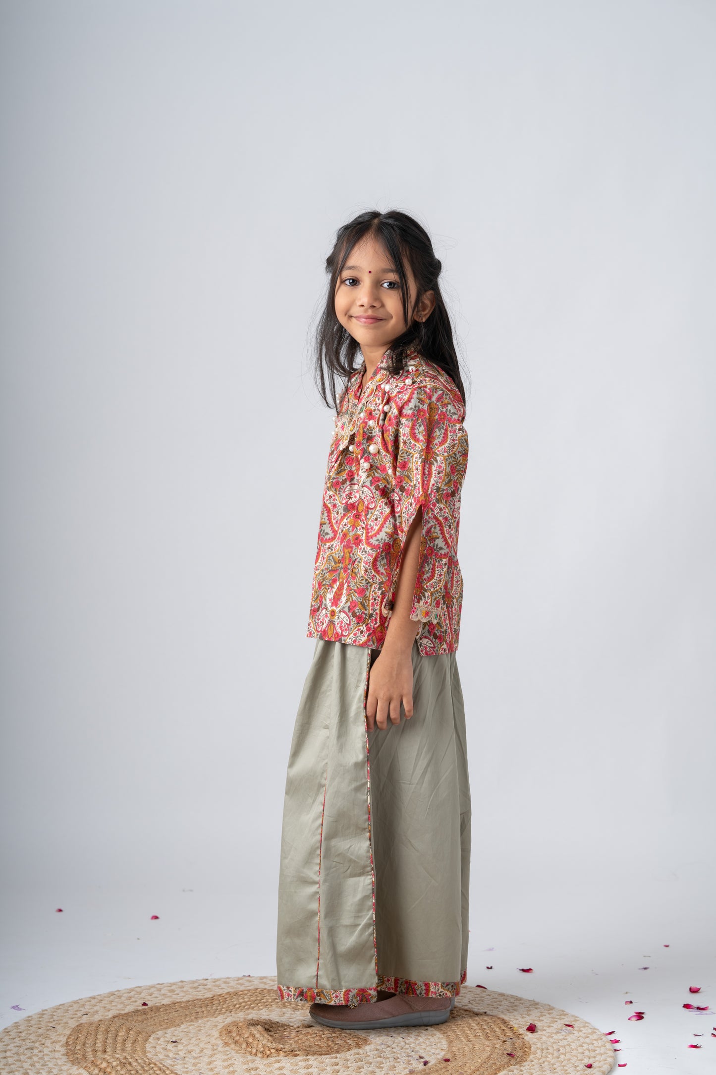 Girls Gulzaar Embellished Jacket with Kalidar Sharara Pants - Sage green