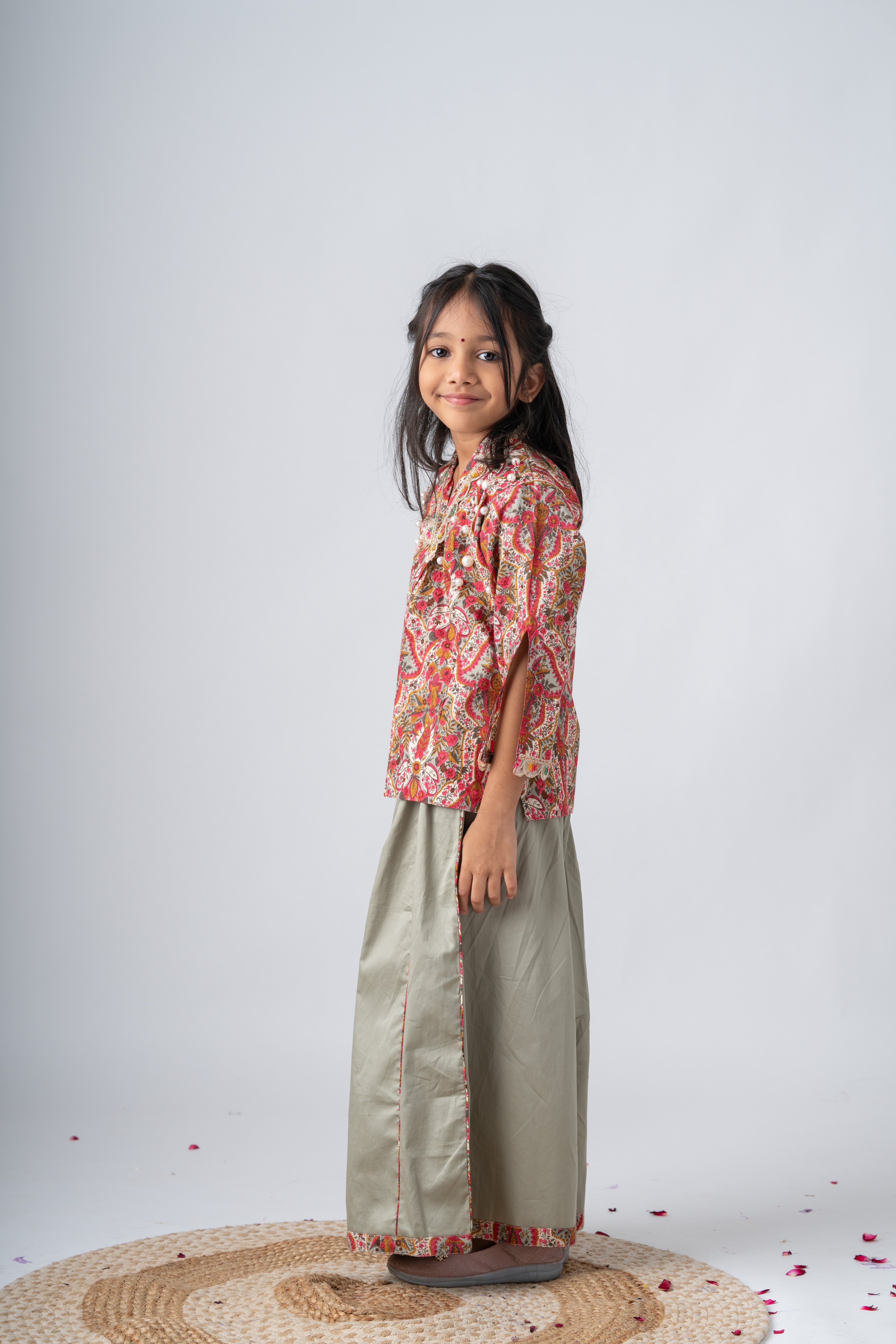 Girls Gulzaar Embellished Jacket with Kalidar Sharara Pants - Sage green