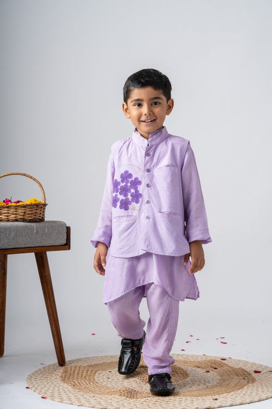 Boys Silk Handpainted Kurta Pant & Jacket 3 piece ethnic clothing set - Lilac Dreams