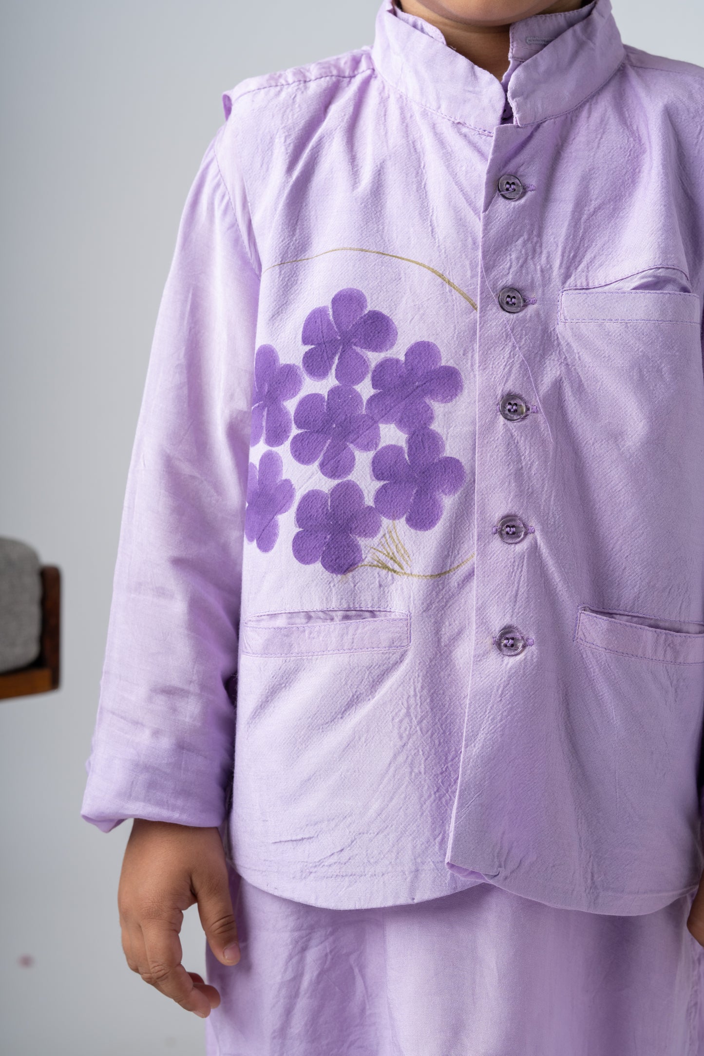 Boys Silk Handpainted Kurta Pant & Jacket 3 piece ethnic clothing set - Lilac Dreams
