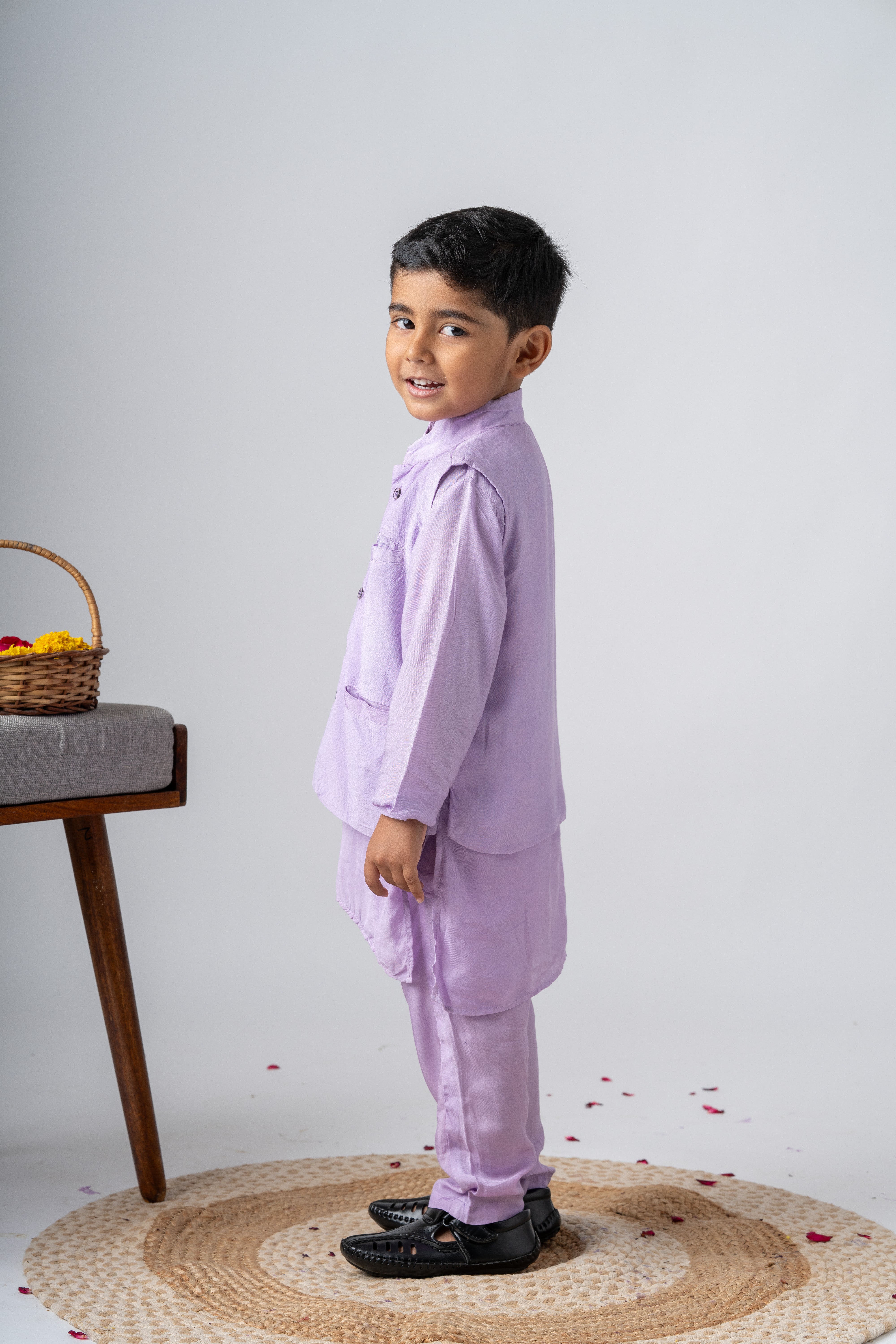 Boys Silk Handpainted Kurta Pant & Jacket 3 piece ethnic clothing set - Lilac Dreams