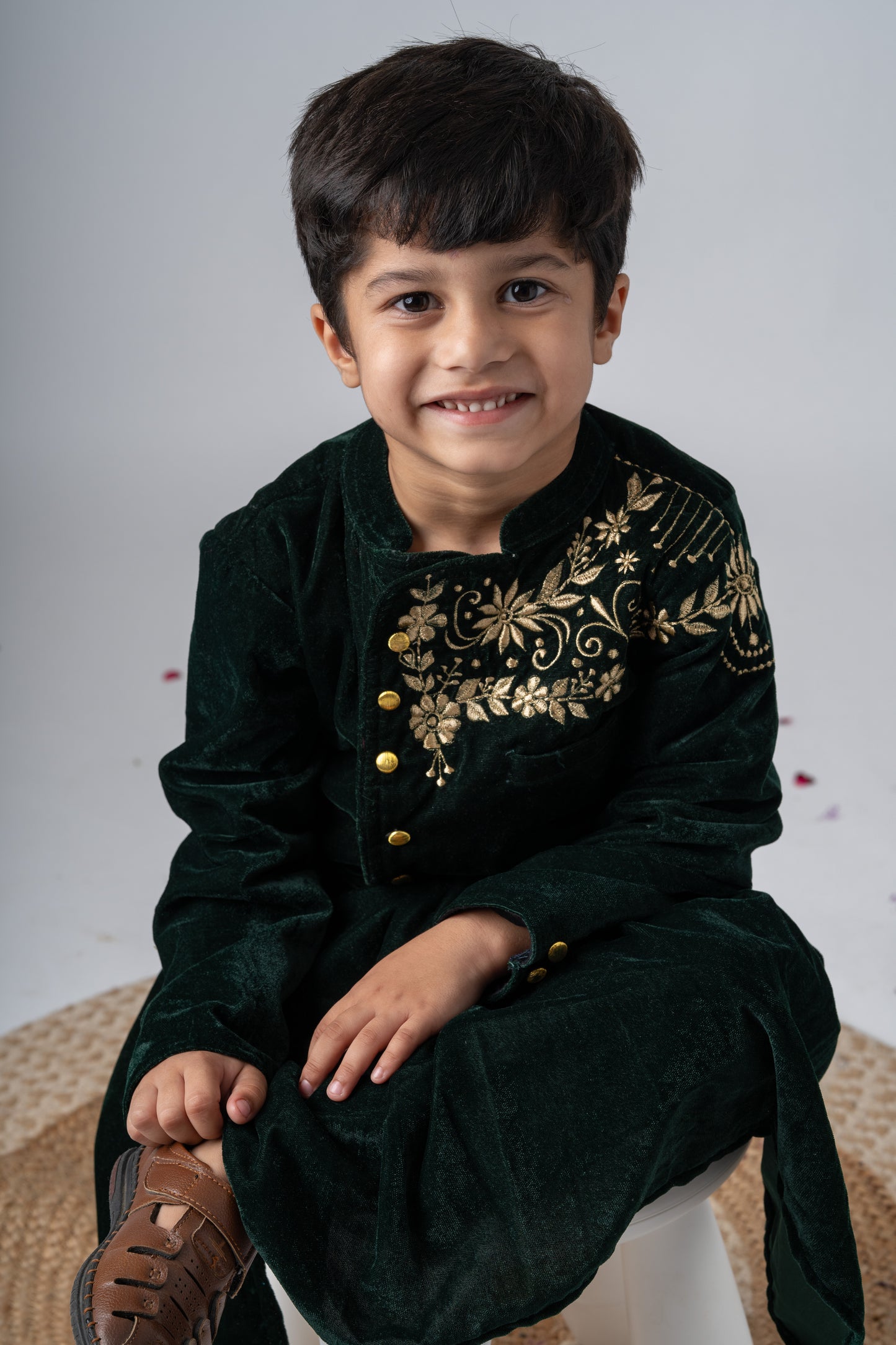 Boys Maharaja Velvet Jodhpuri embroidered Jacket with Pants - Bottle Green