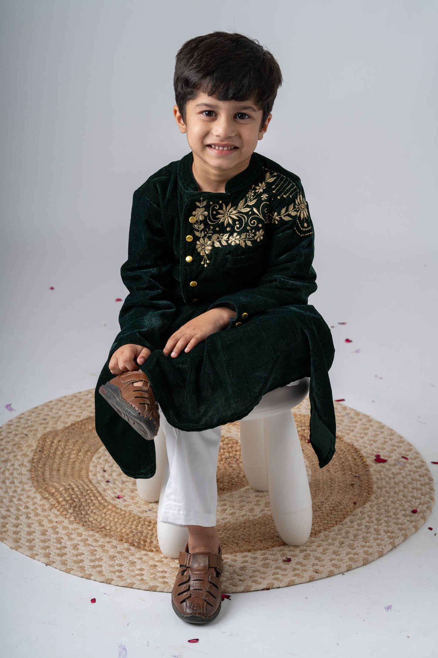 Boys Maharaja Velvet Jodhpuri embroidered Jacket with Pants - Bottle Green