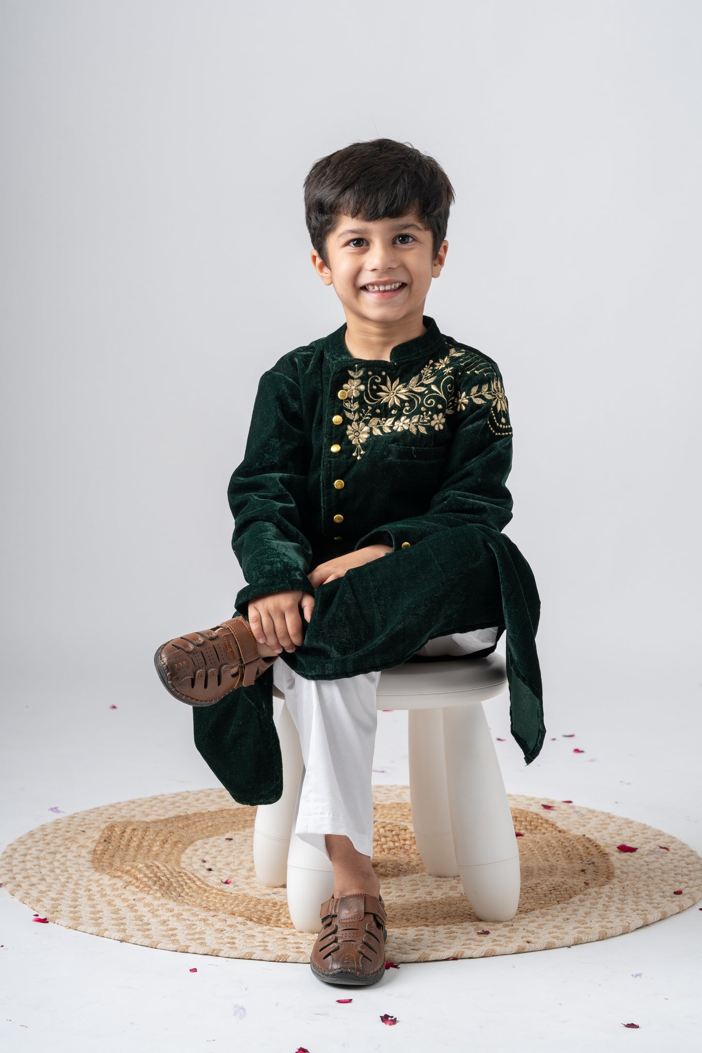 Boys Maharaja Velvet Jodhpuri embroidered Jacket with Pants - Bottle Green
