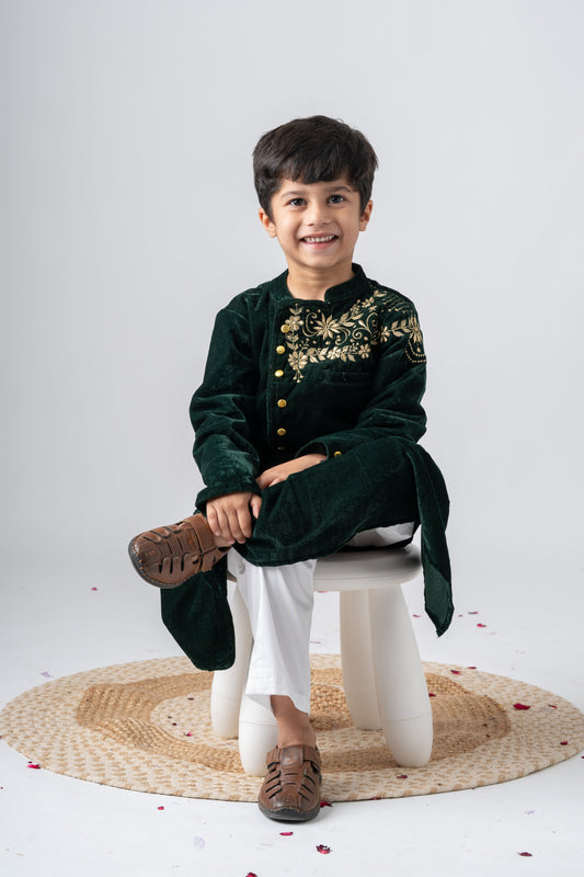 Boys Maharaja Velvet Jodhpuri embroidered Jacket with Pants - Bottle Green