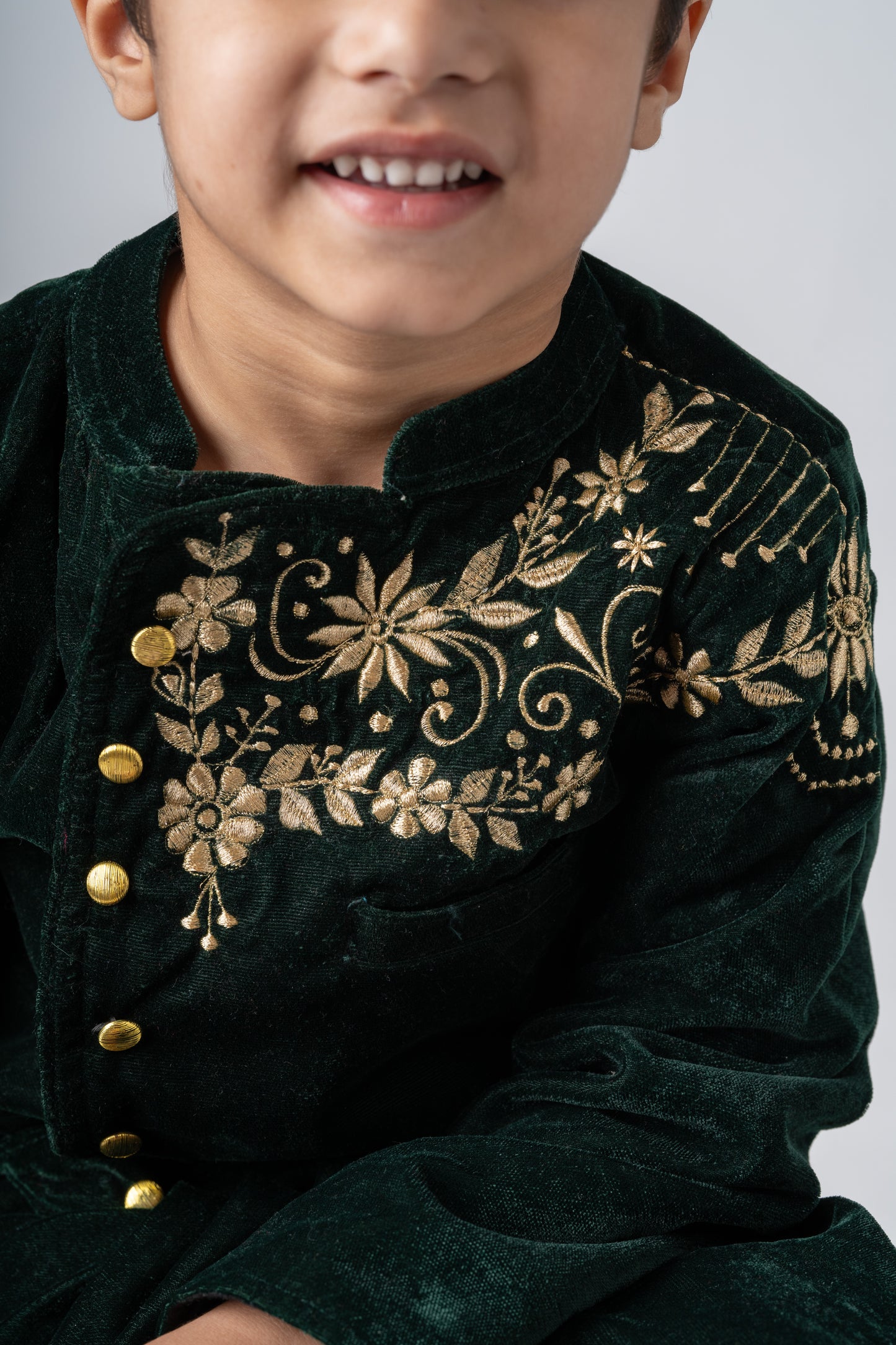 Boys Maharaja Velvet Jodhpuri embroidered Jacket with Pants - Bottle Green