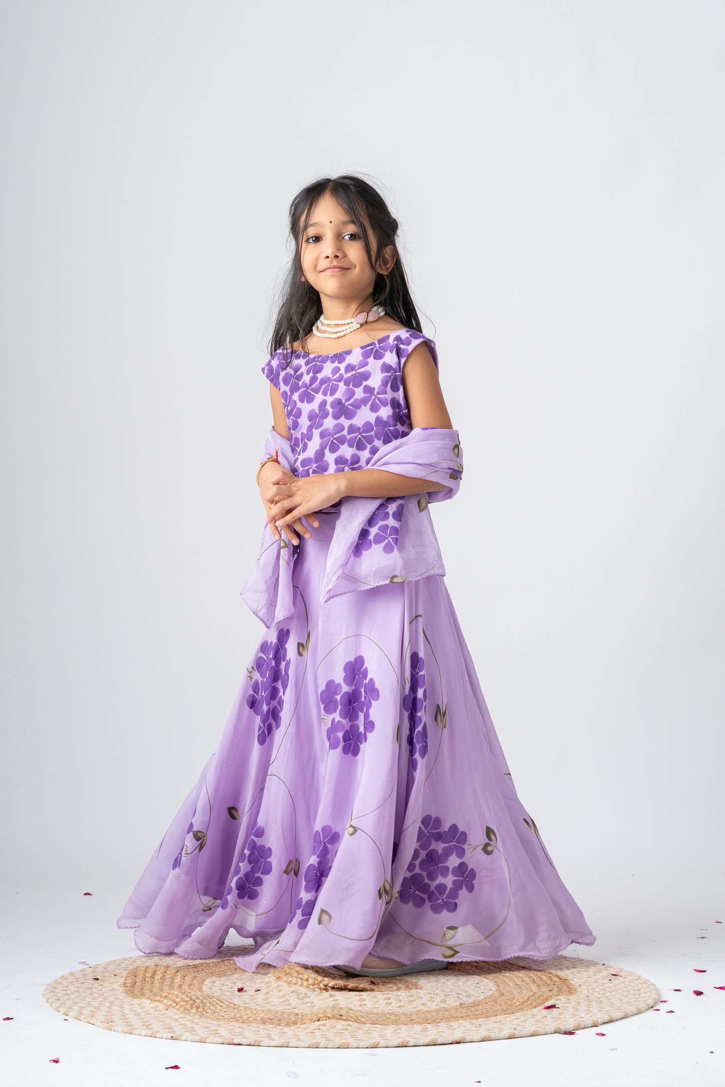 Girls Pure Organza Handpainted Lehenga Choli Set with Dupatta - Lilac Dreams