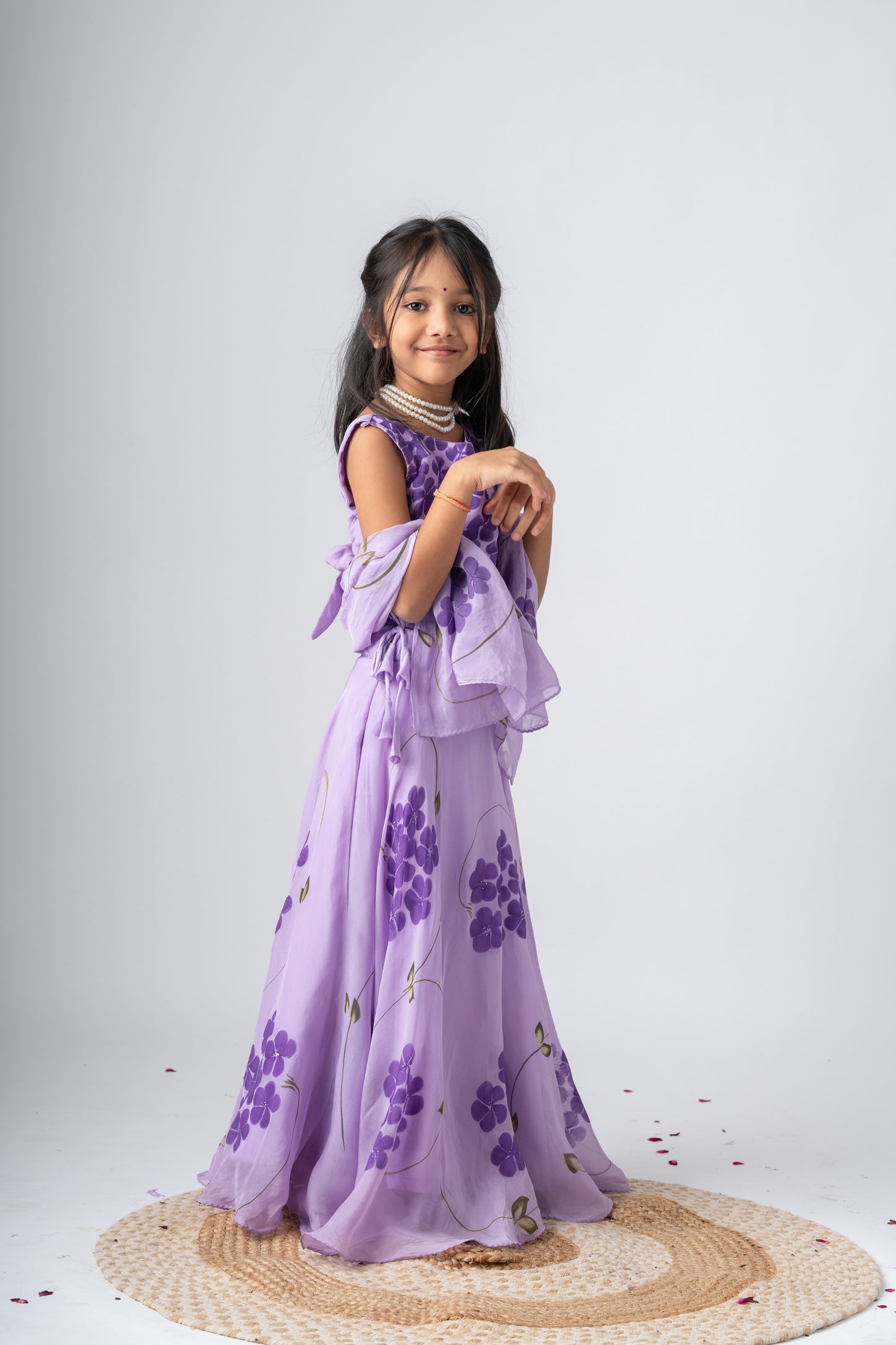 Girls Pure Organza Handpainted Lehenga Choli Set with Dupatta - Lilac Dreams