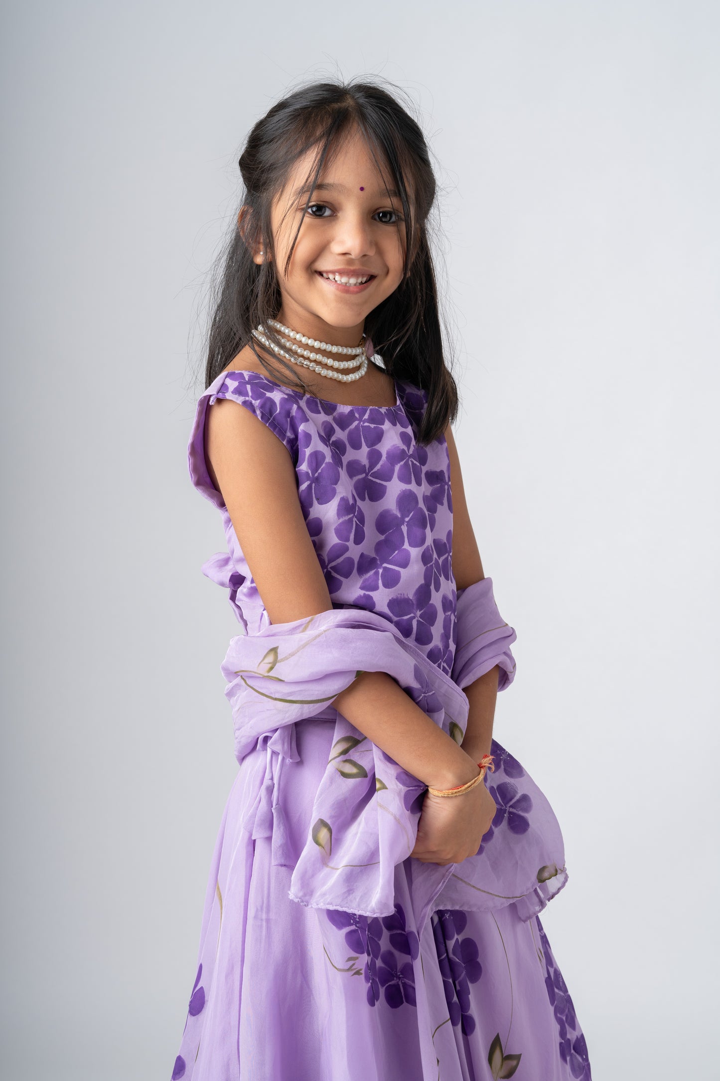 Girls Pure Organza Handpainted Lehenga Choli Set with Dupatta - Lilac Dreams