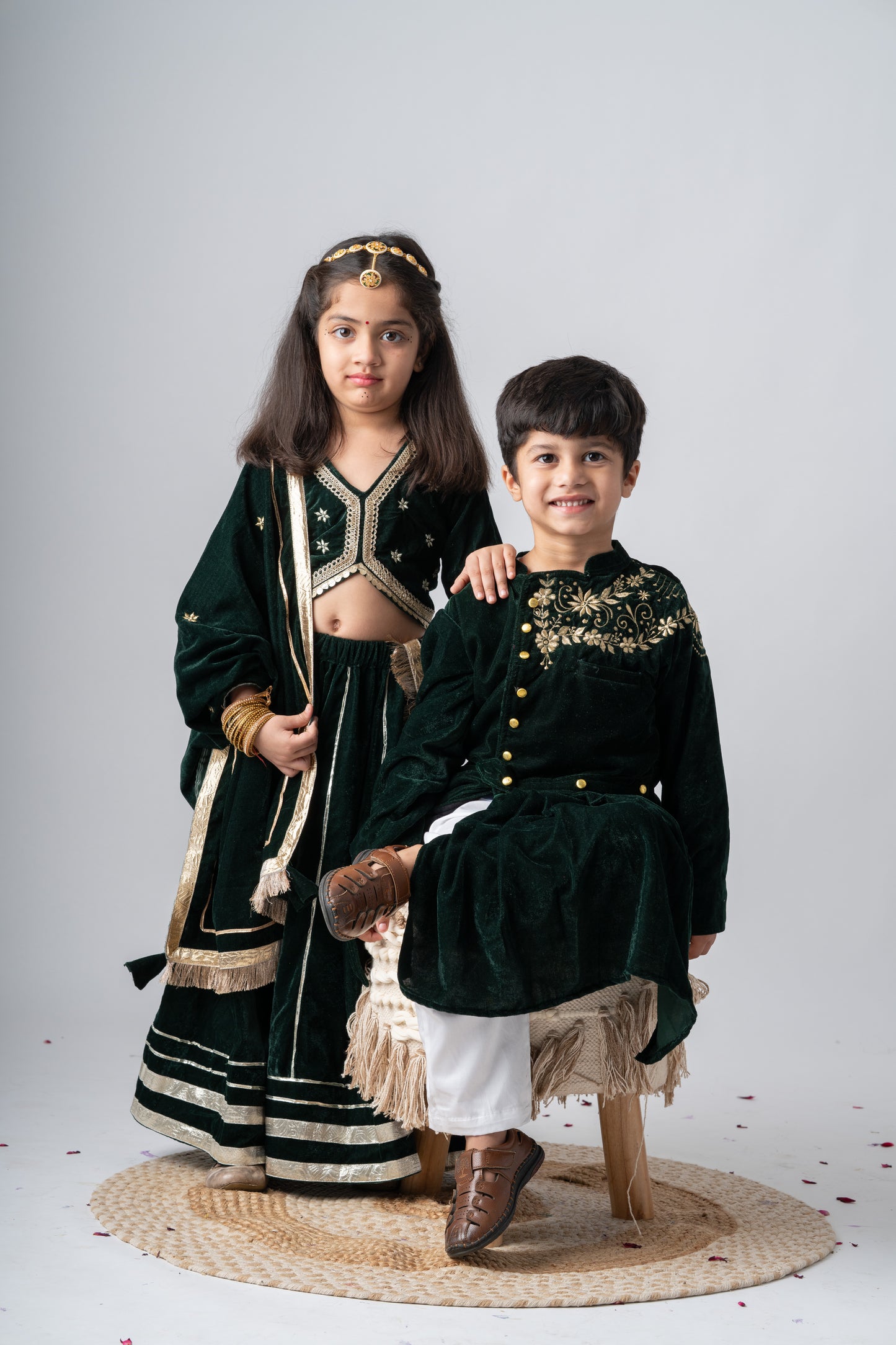 Girls Maharani Velvet embroidered lehenga choli with dupatta ethnic Clothing set - Bottle Green