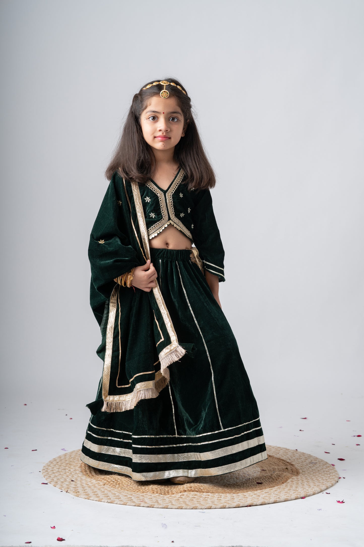 Girls Maharani Velvet embroidered lehenga choli with dupatta ethnic Clothing set - Bottle Green