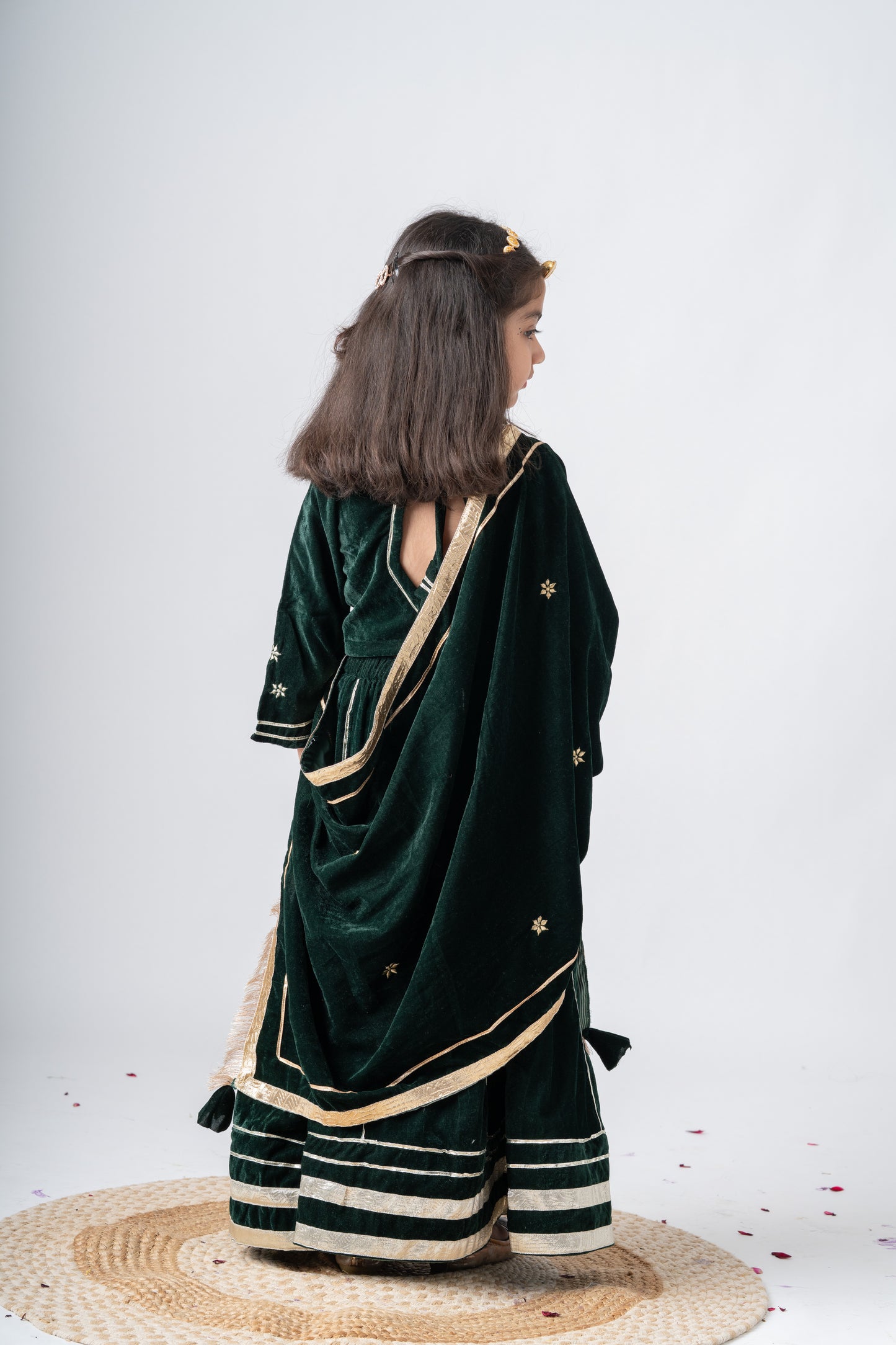 Girls Maharani Velvet embroidered lehenga choli with dupatta ethnic Clothing set - Bottle Green