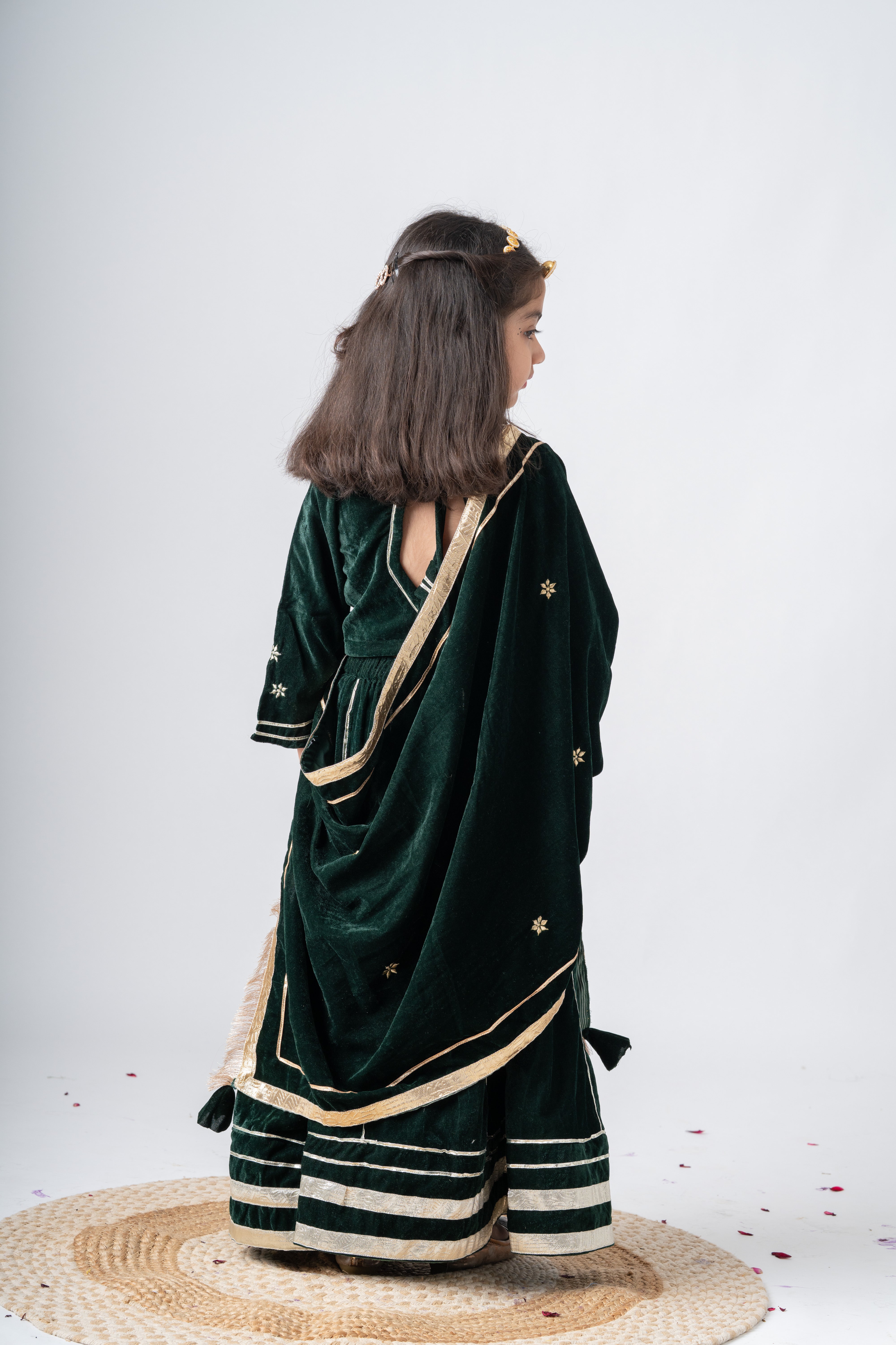 Girls Maharani Velvet embroidered lehenga choli with dupatta ethnic Clothing set - Bottle Green
