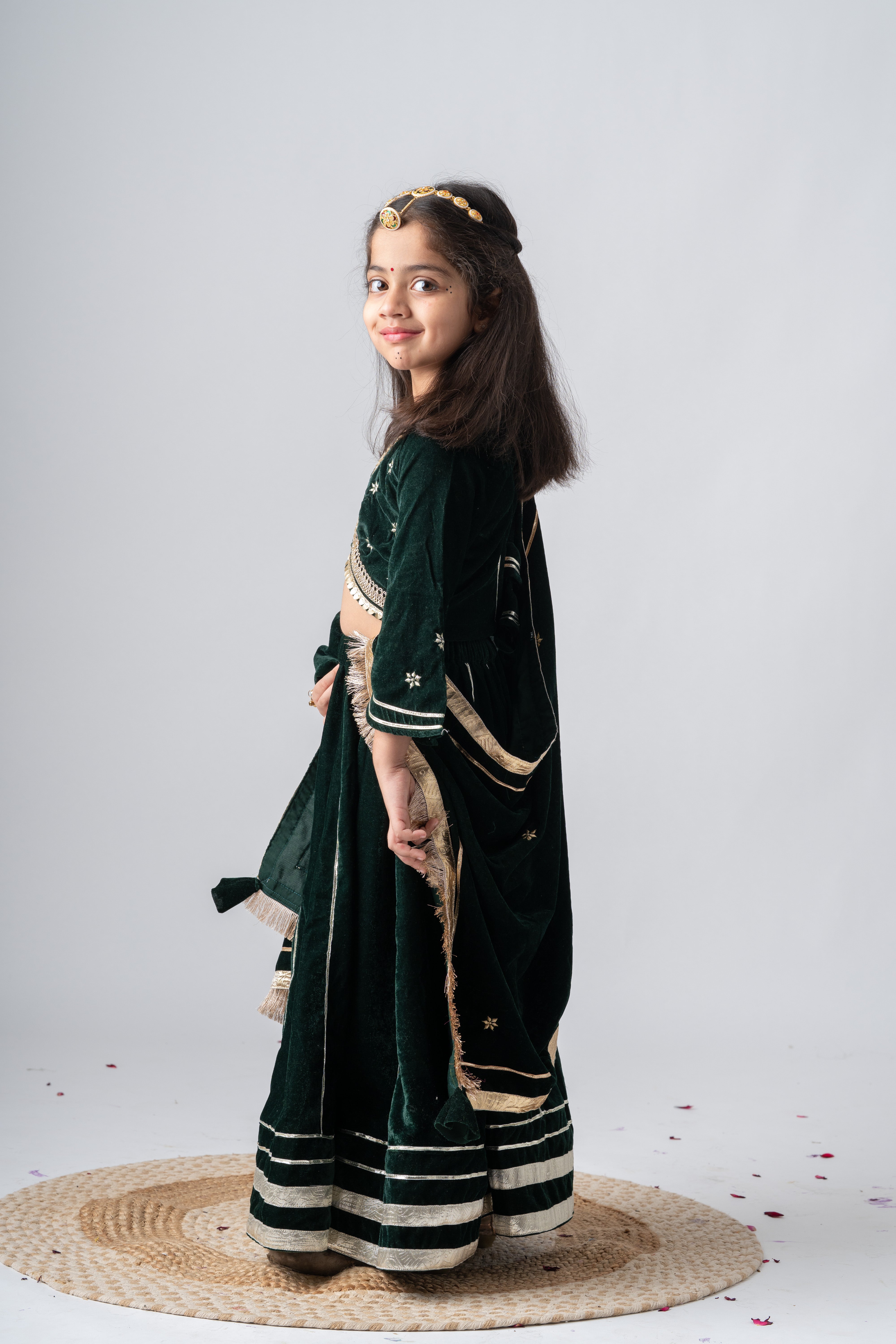 Girls Maharani Velvet embroidered lehenga choli with dupatta ethnic Clothing set - Bottle Green