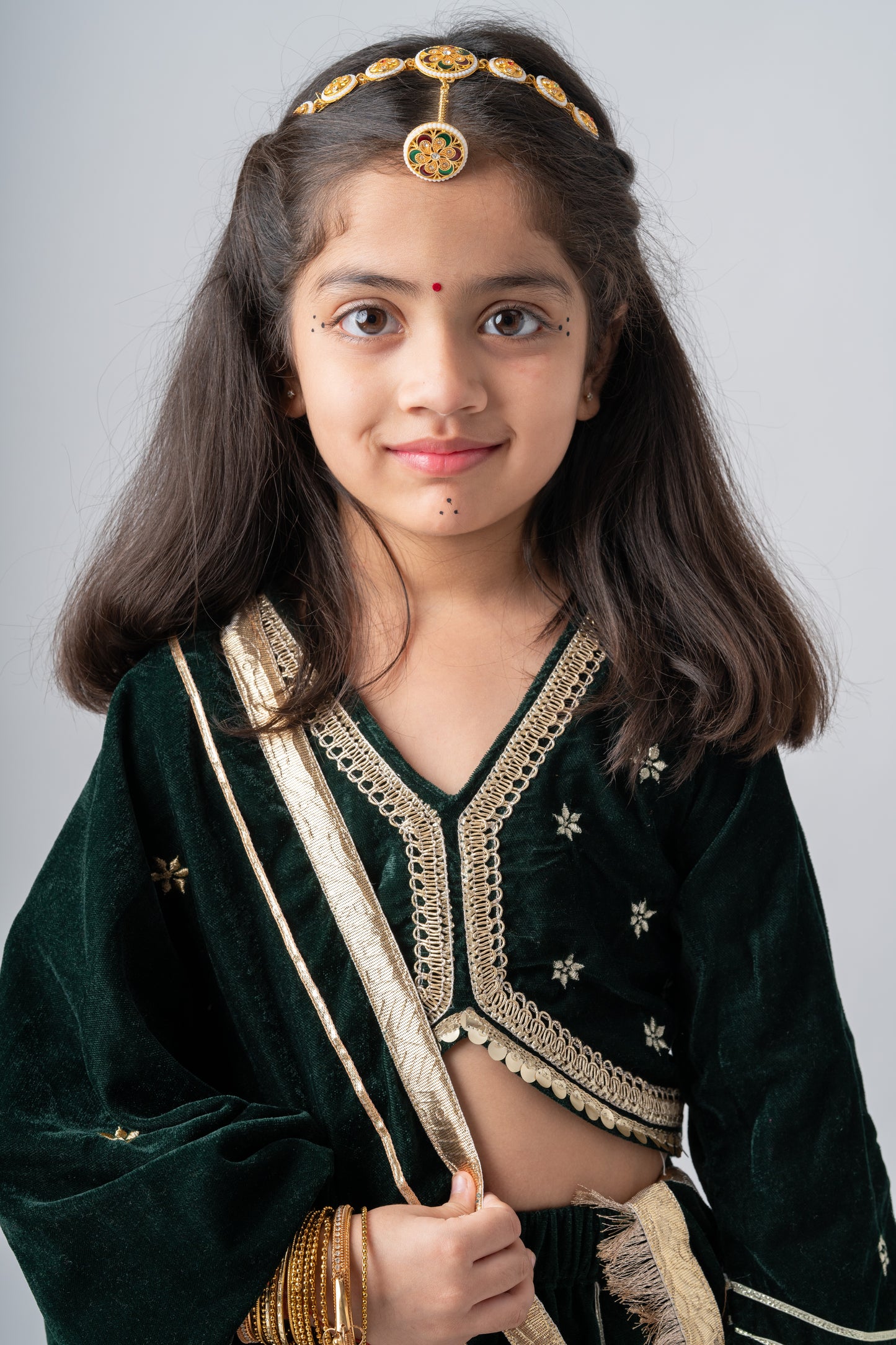 Girls Maharani Velvet embroidered lehenga choli with dupatta ethnic Clothing set - Bottle Green