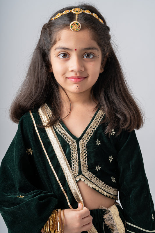 Girls Maharani Velvet embroidered lehenga choli with dupatta ethnic Clothing set - Bottle Green