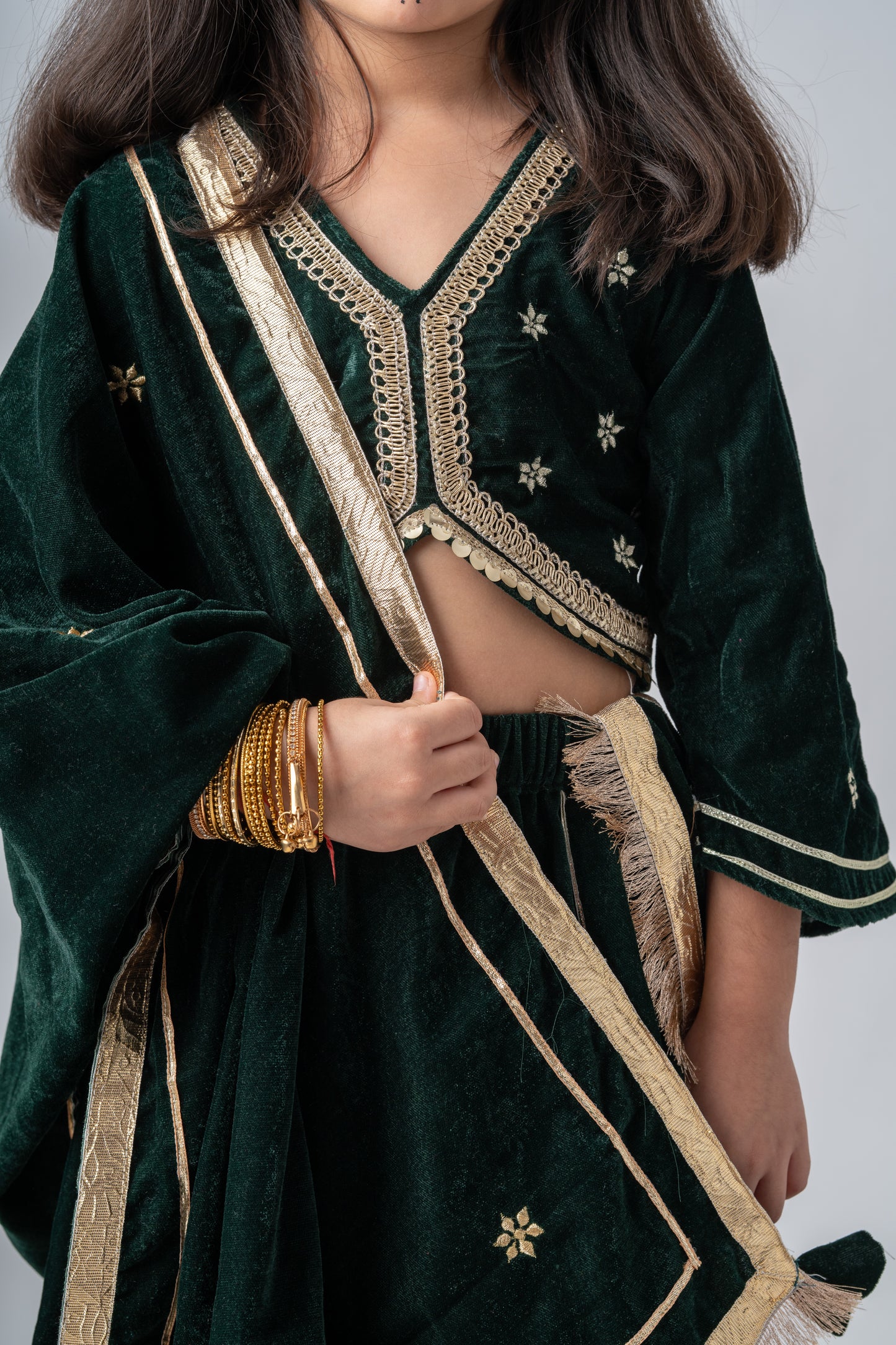 Girls Maharani Velvet embroidered lehenga choli with dupatta ethnic Clothing set - Bottle Green