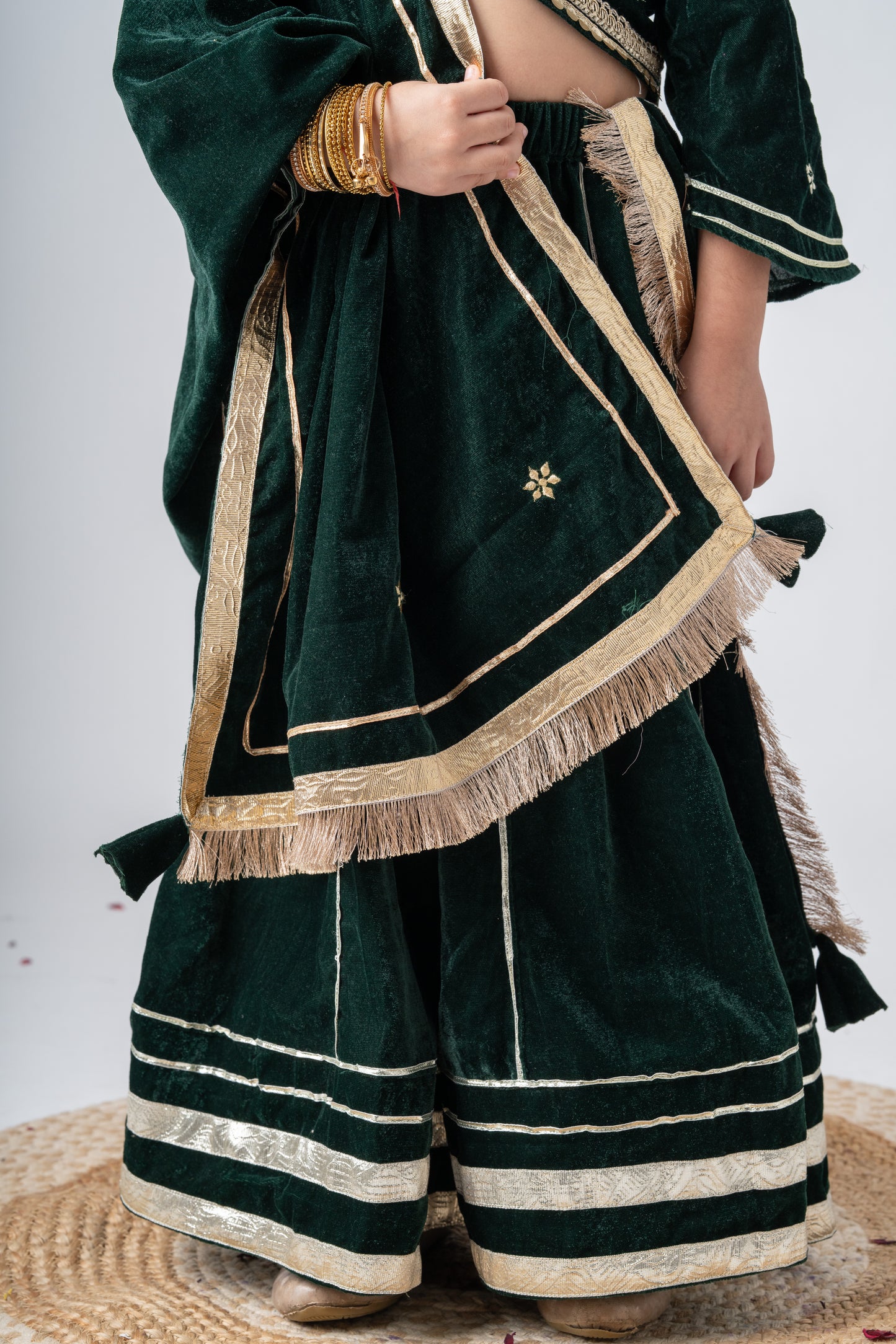 Girls Maharani Velvet embroidered lehenga choli with dupatta ethnic Clothing set - Bottle Green