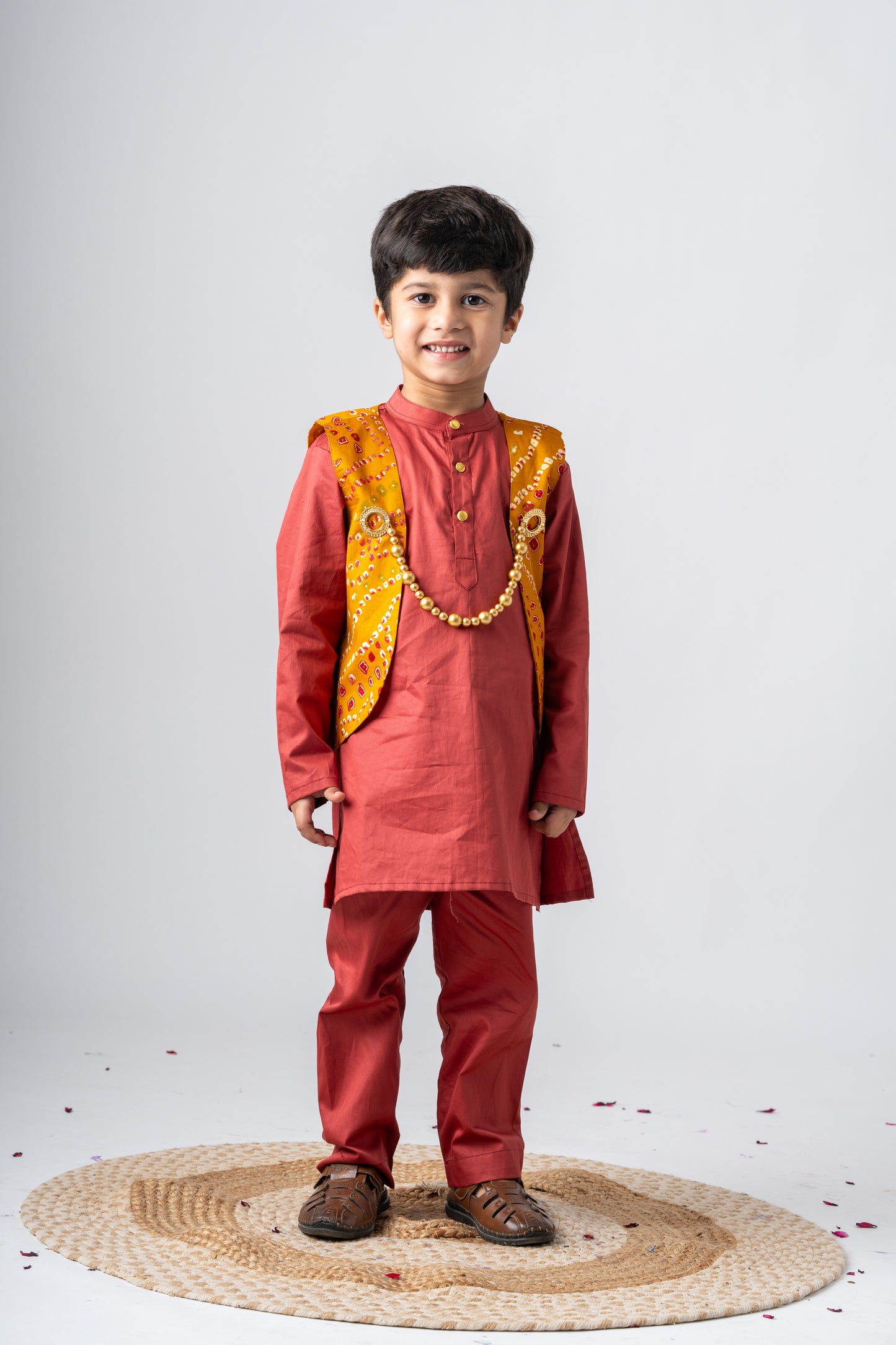 Boys Rajwada Kurta Pant ethnic clothing set with open Jacket - Cinnamon Red
