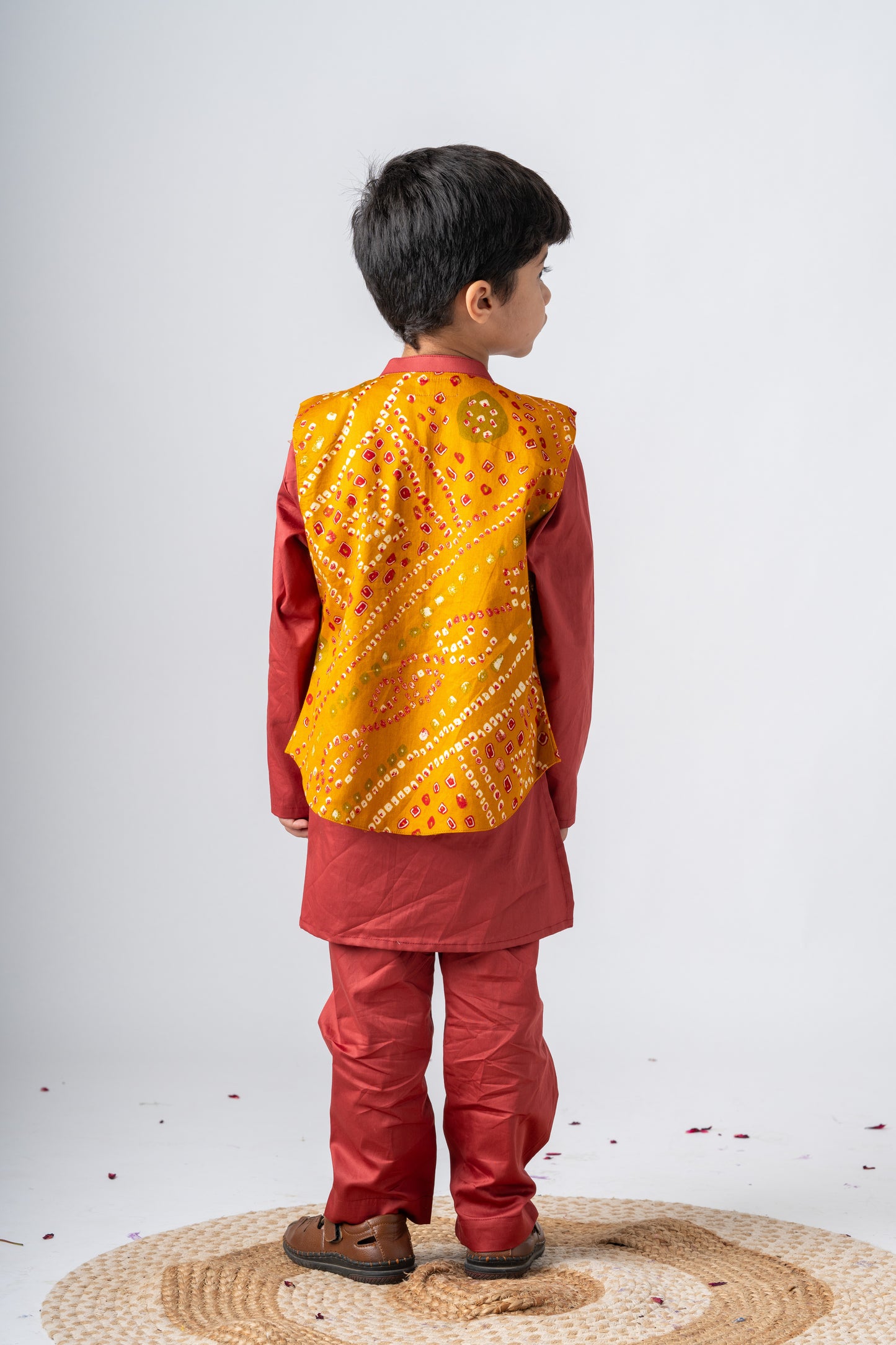 Boys Rajwada Kurta Pant ethnic clothing set with open Jacket - Cinnamon Red