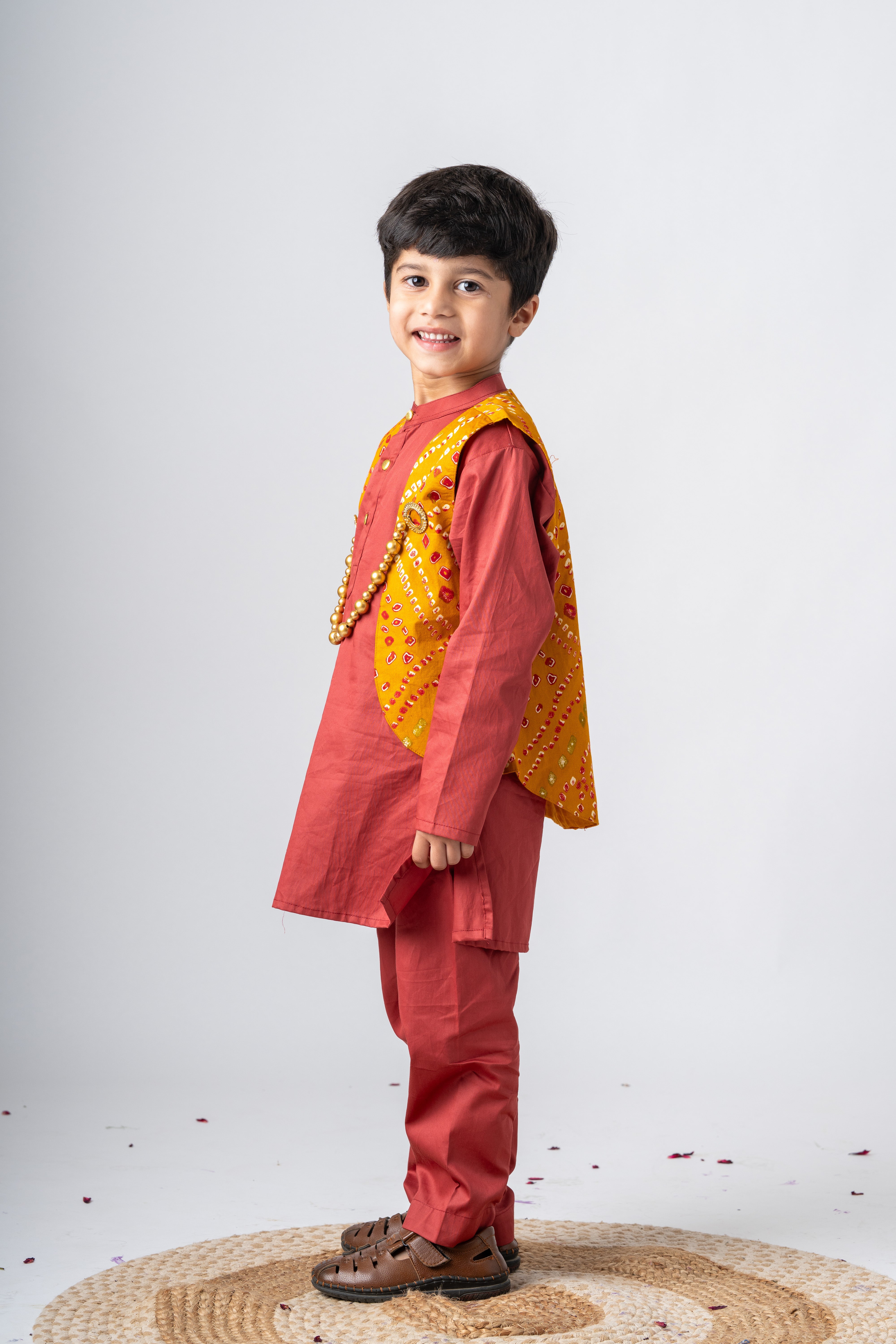 Boys Rajwada Kurta Pant ethnic clothing set with open Jacket - Cinnamon Red