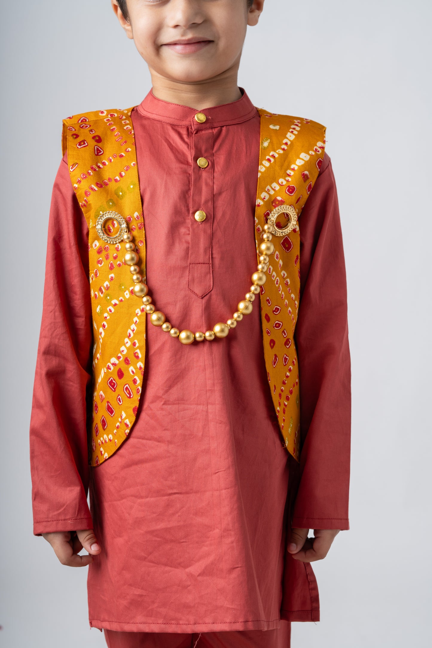 Boys Rajwada Kurta Pant ethnic clothing set with open Jacket - Cinnamon Red