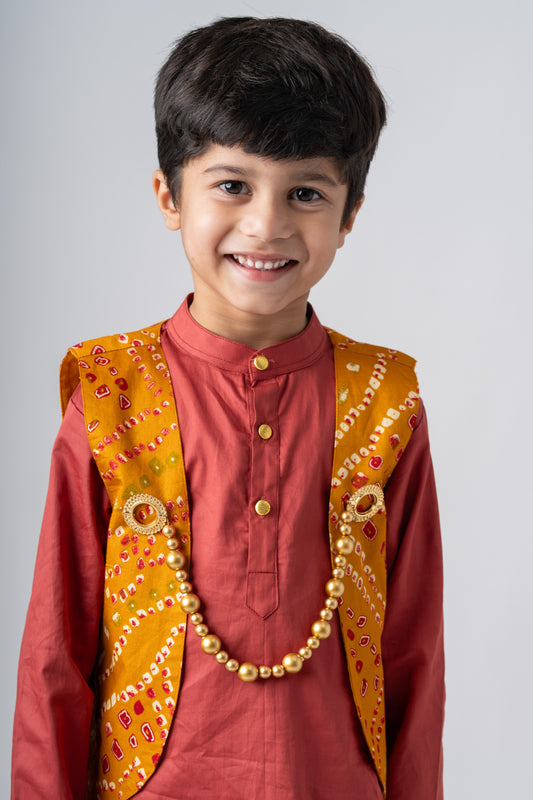 Boys Rajwada Kurta Pant ethnic clothing set with open Jacket - Cinnamon Red