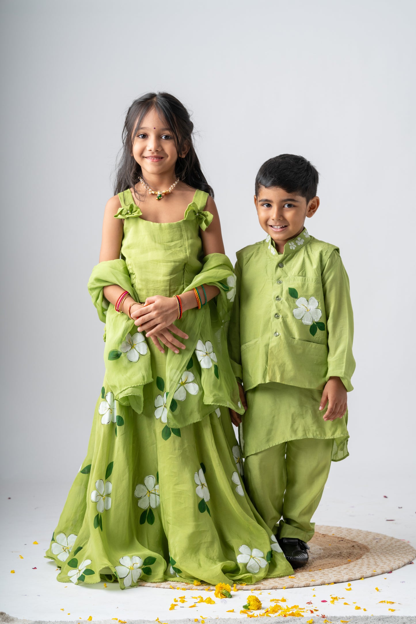 Boys Silk Handpainted Kurta Pant & Jacket 3 piece ethnic clothing set - Garden of Promise