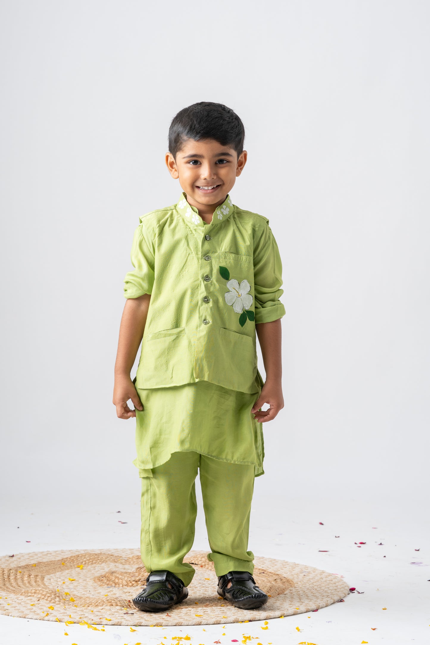 Boys Silk Handpainted Kurta Pant & Jacket 3 piece ethnic clothing set - Garden of Promise