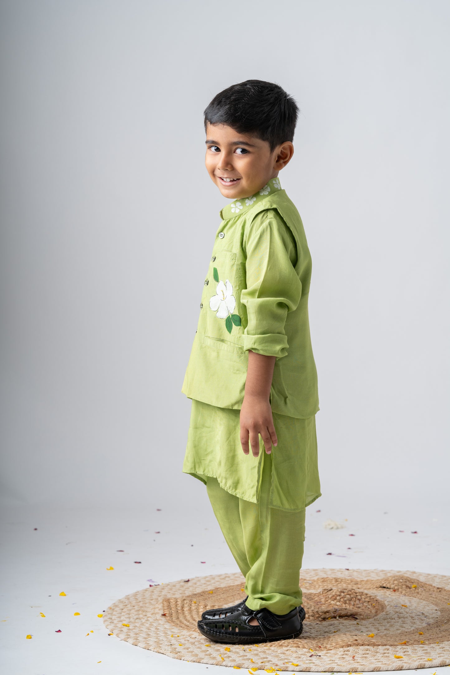 Boys Silk Handpainted Kurta Pant & Jacket 3 piece ethnic clothing set - Garden of Promise