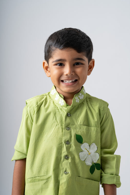 Boys Silk Handpainted Kurta Pant & Jacket 3 piece ethnic clothing set - Garden of Promise