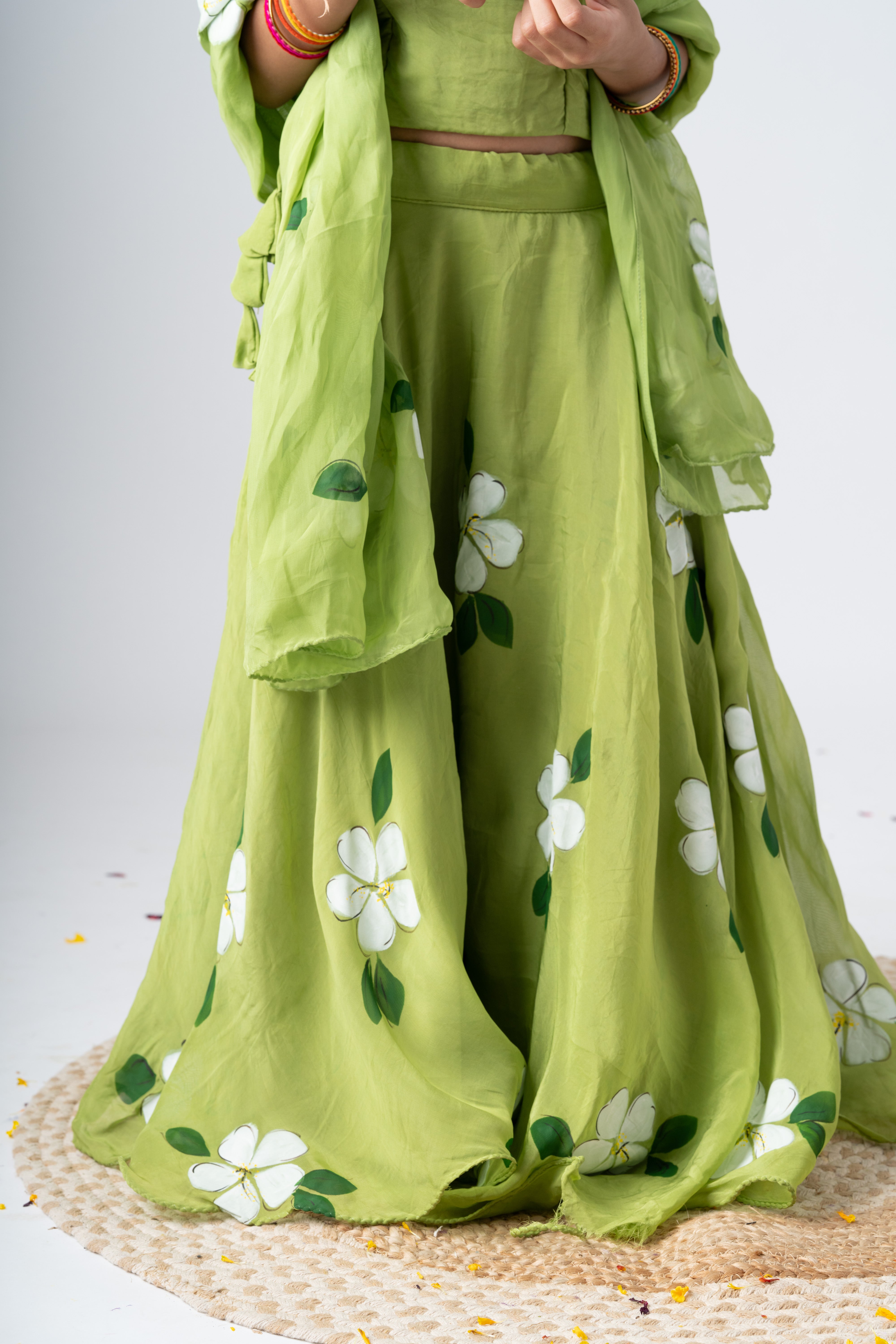 Girls Pure Organza Handpainted Lehenga Choli Set with Dupatta - Garden of Promise