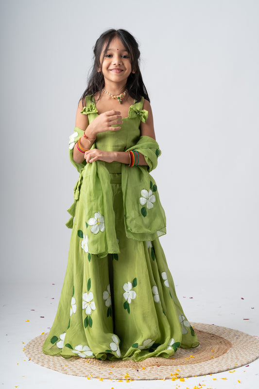 Girls Pure Organza Handpainted Lehenga Choli Set with Dupatta - Garden of Promise
