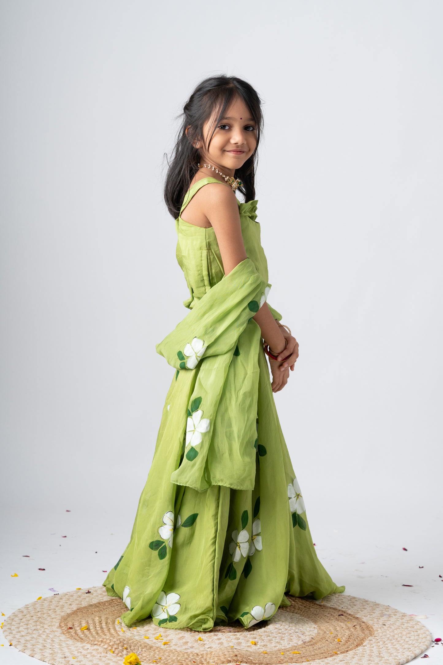 Girls Pure Organza Handpainted Lehenga Choli Set with Dupatta - Garden of Promise