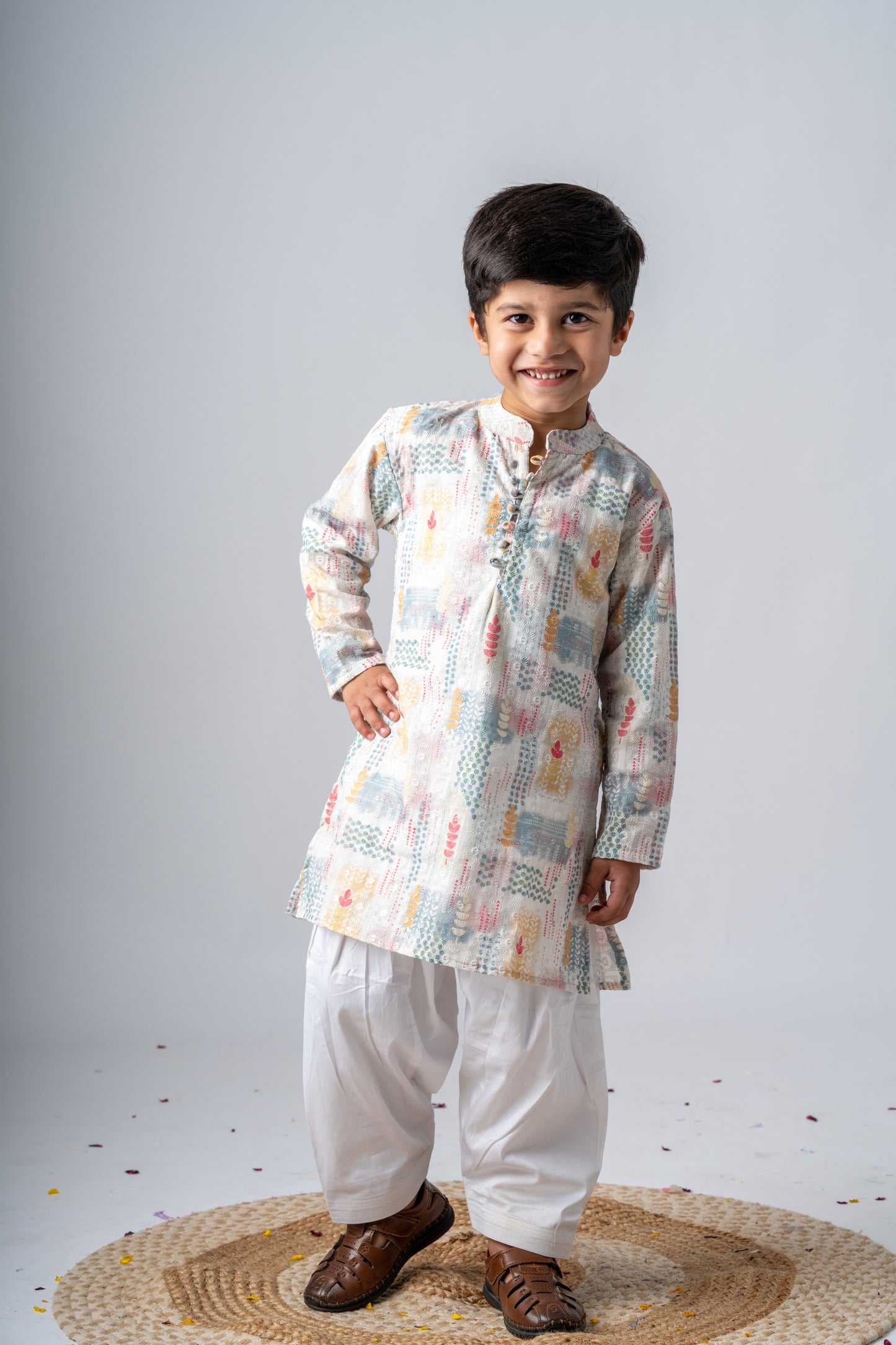 Boys Sangeet Printed Schiffli Kurta with Salwar ethnic clothing set - Off white